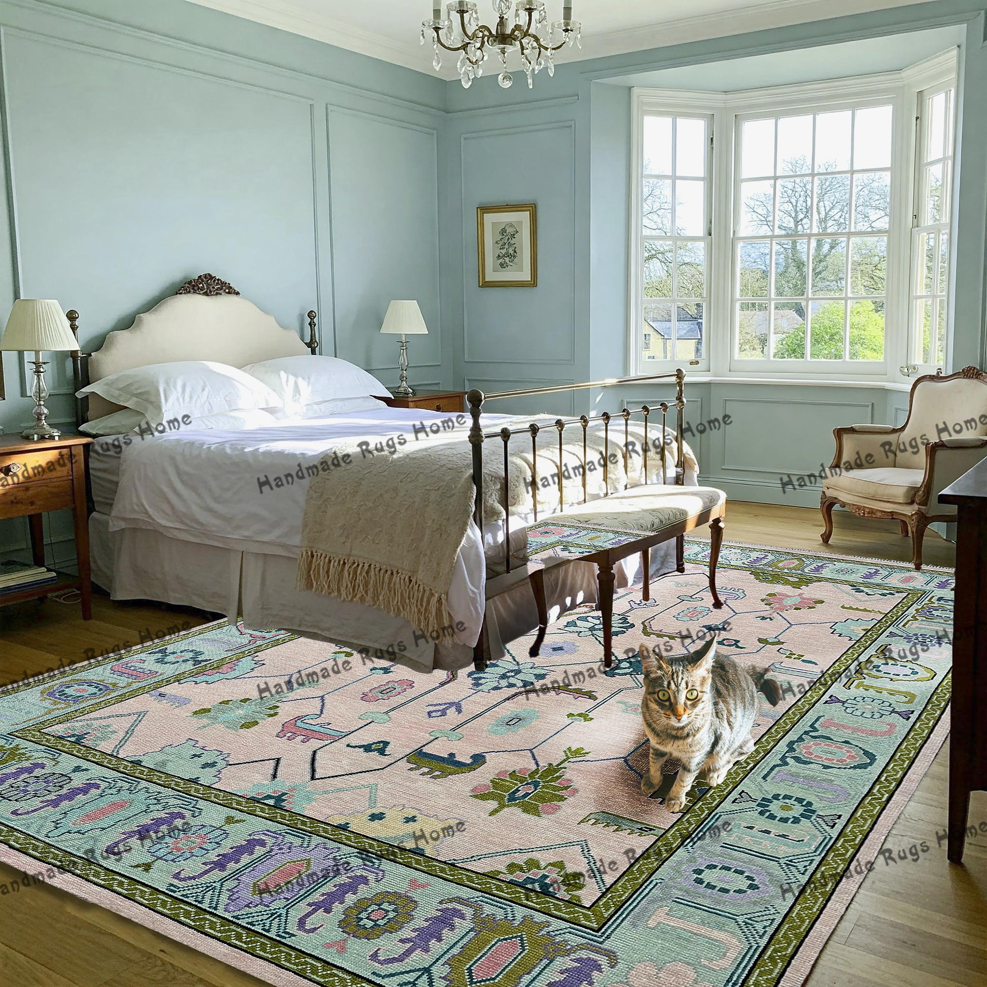 Handmade green and pink rug placed on a wooden surface.