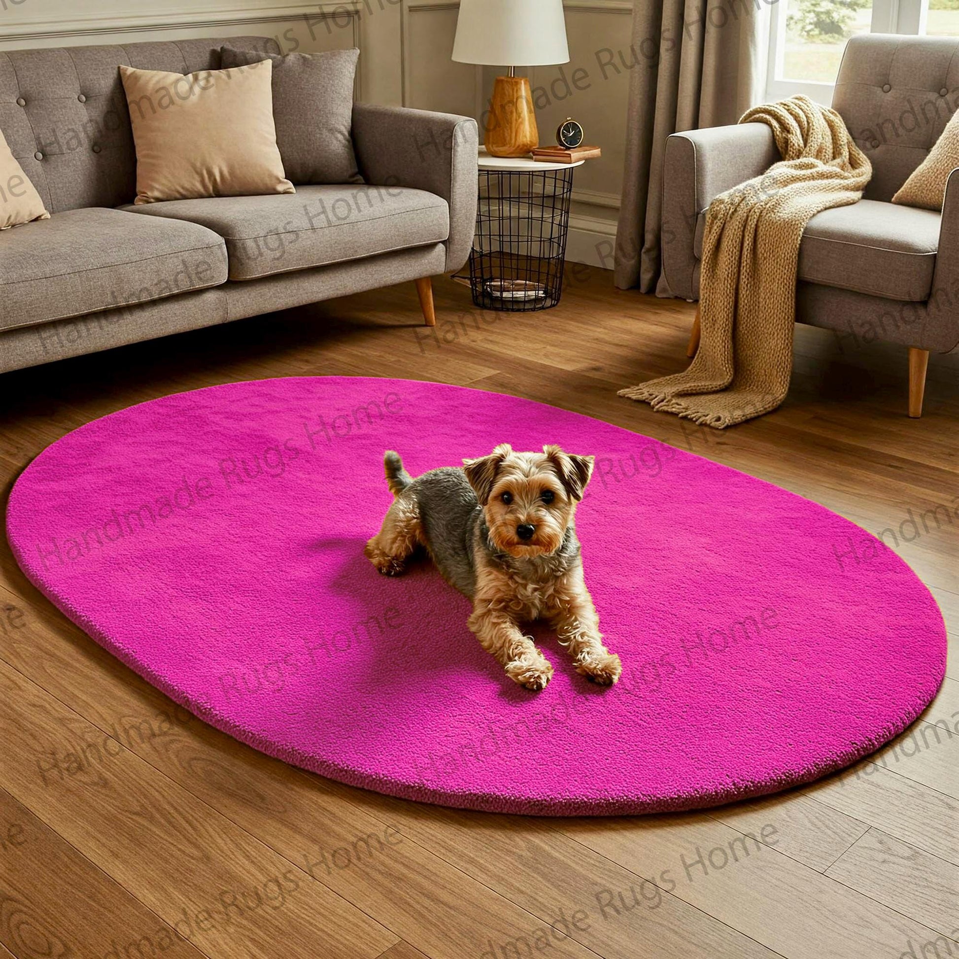 Custom oval wool rug in earthy tones for a stylish home.