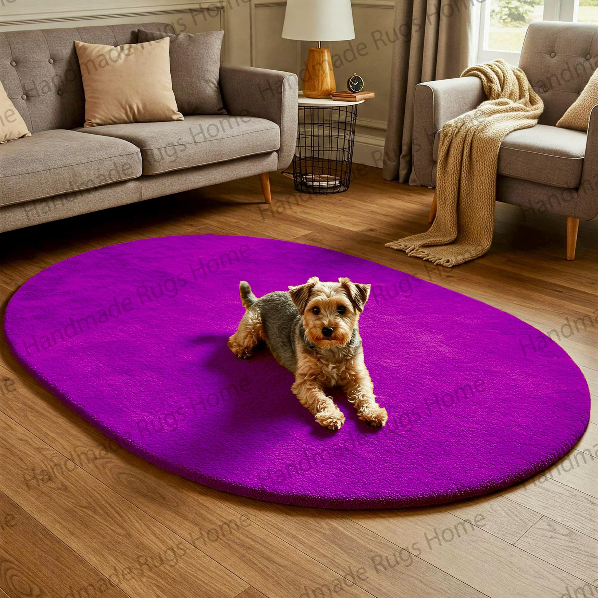 Hand-tufted mustard yellow oval rug in a cozy living room setting.