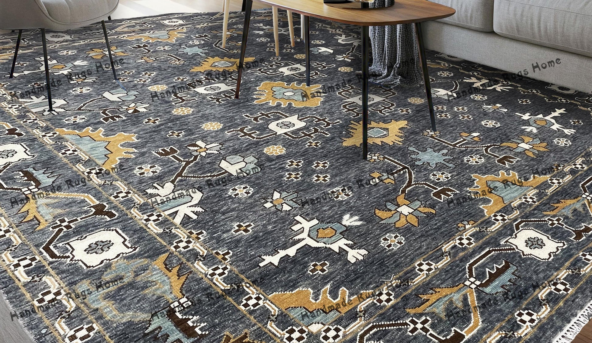 Hand-knotted Oushak rug with intricate gray and gold patterns.