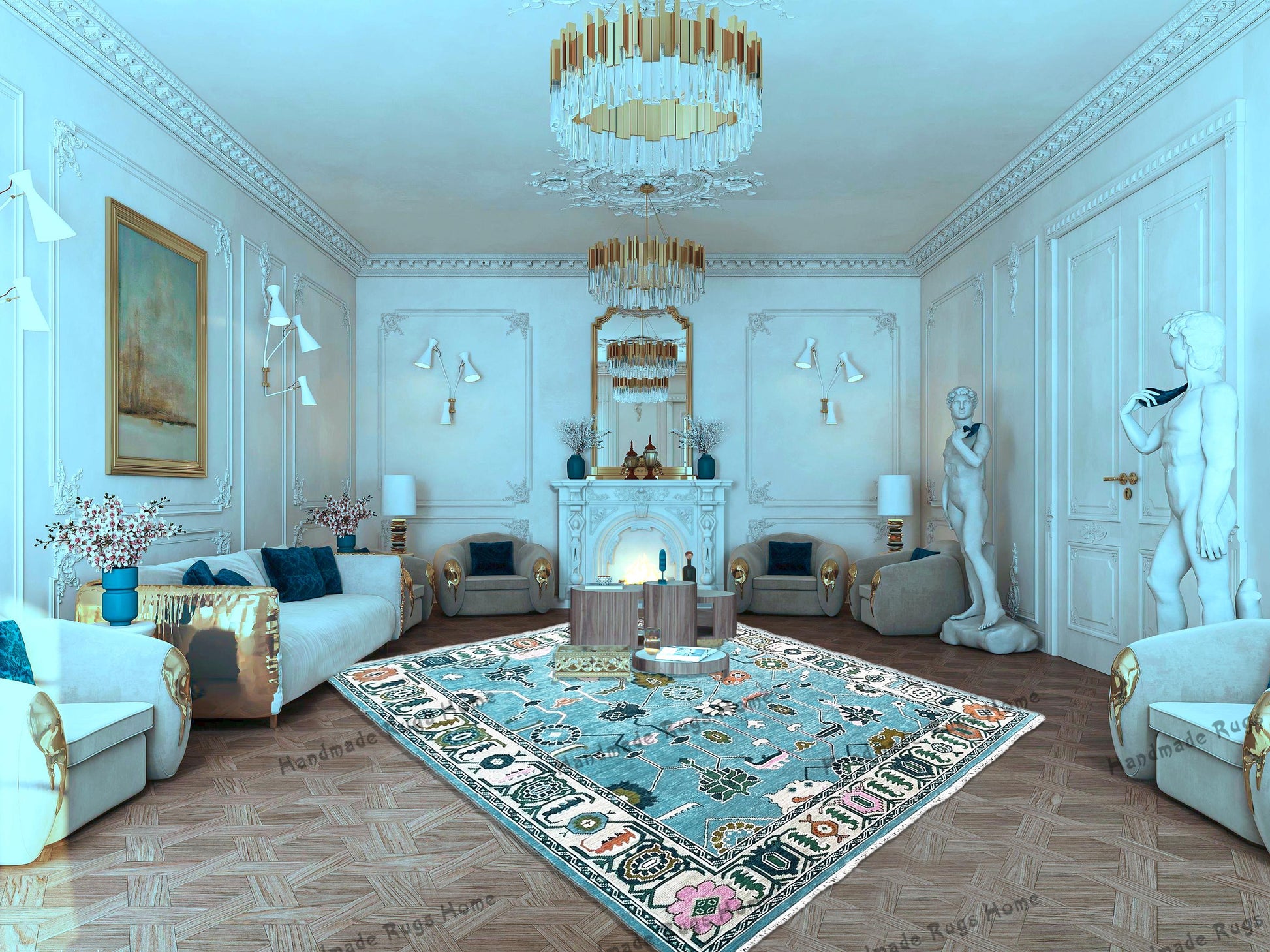 Vintage-style hand-knotted rug in muted blue and multicolor.