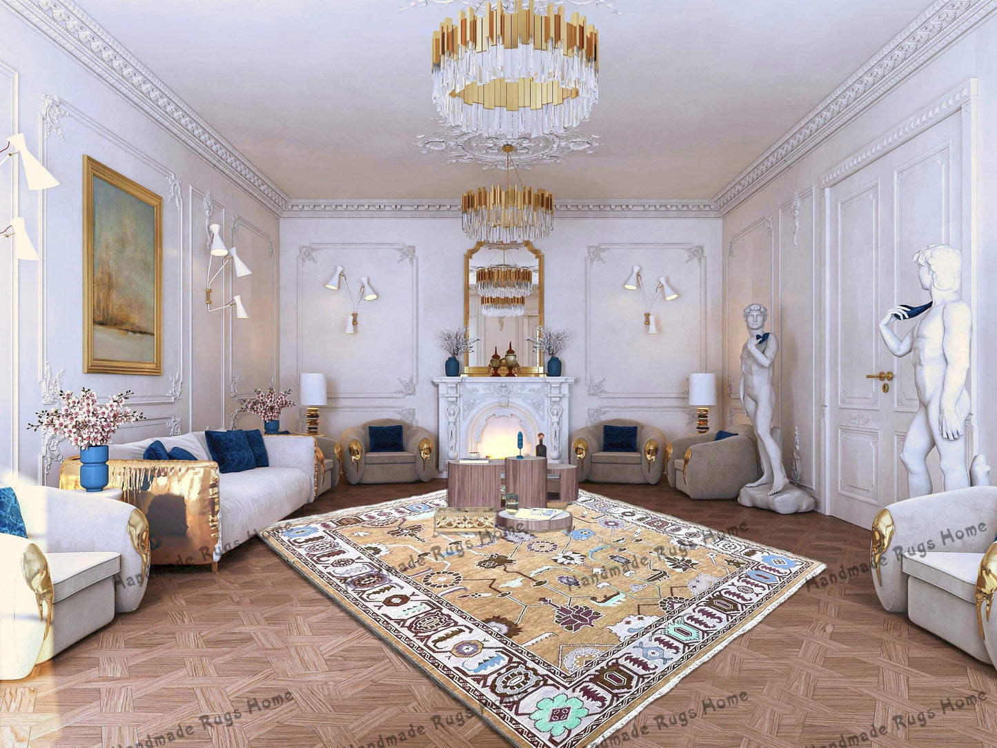 A stunning handmade carpet with intricate boho designs.