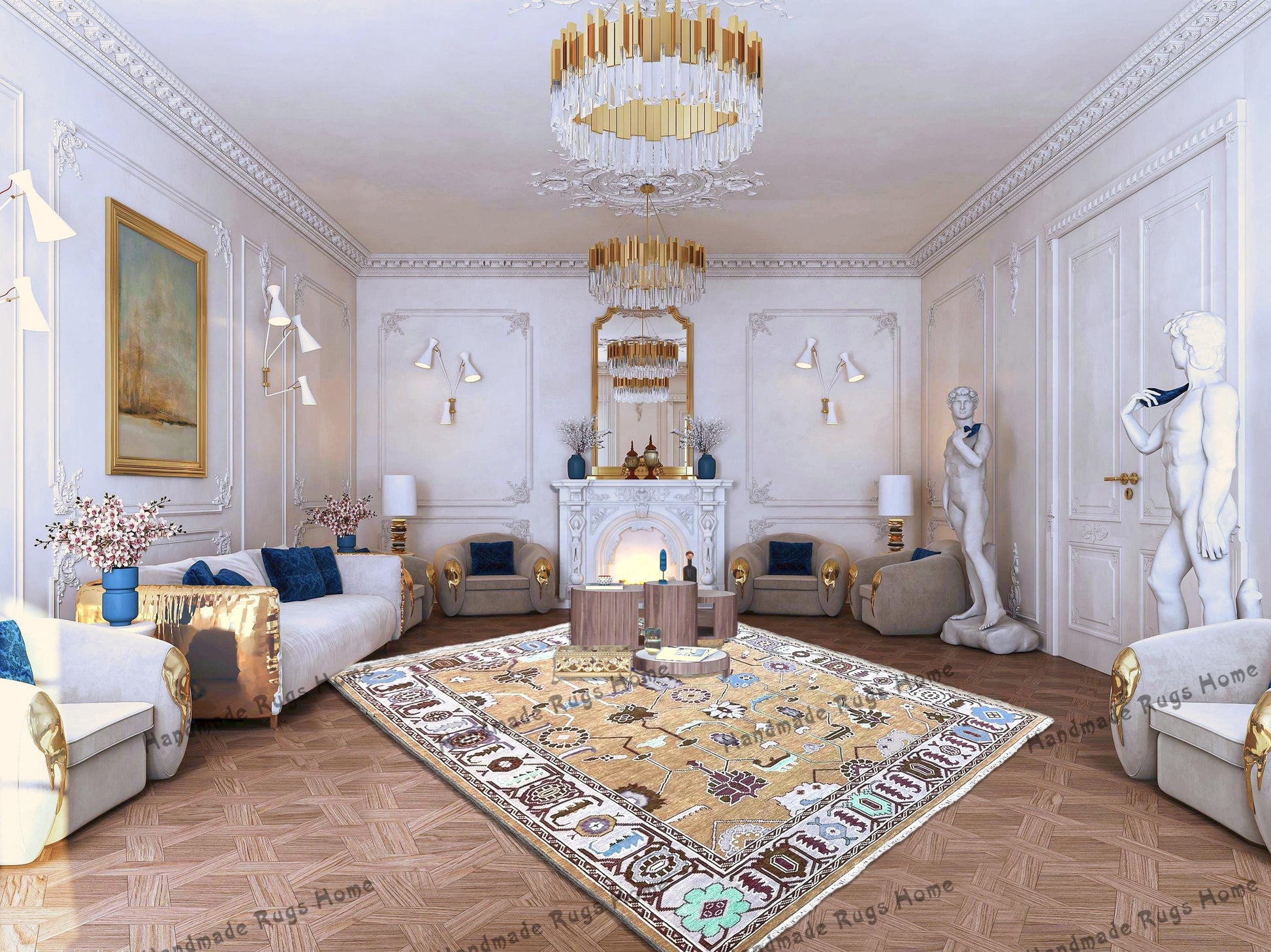 A stunning handmade carpet with intricate boho designs.