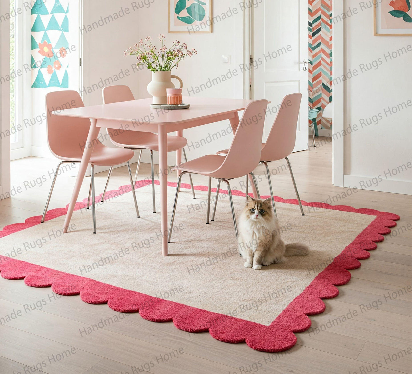 Ivory and aqua scalloped edge wool rug in dining room