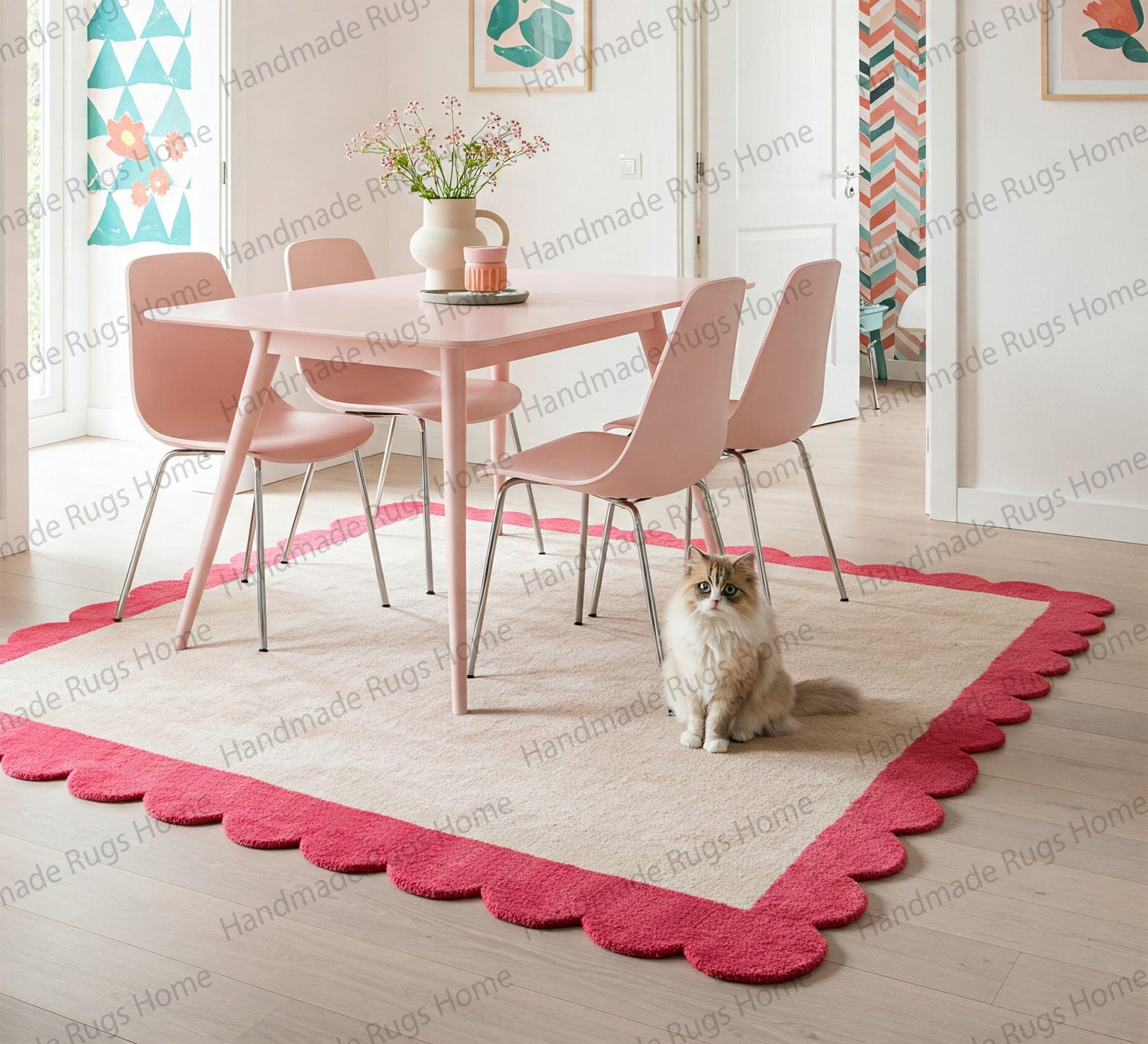 Ivory and aqua scalloped edge wool rug in dining room