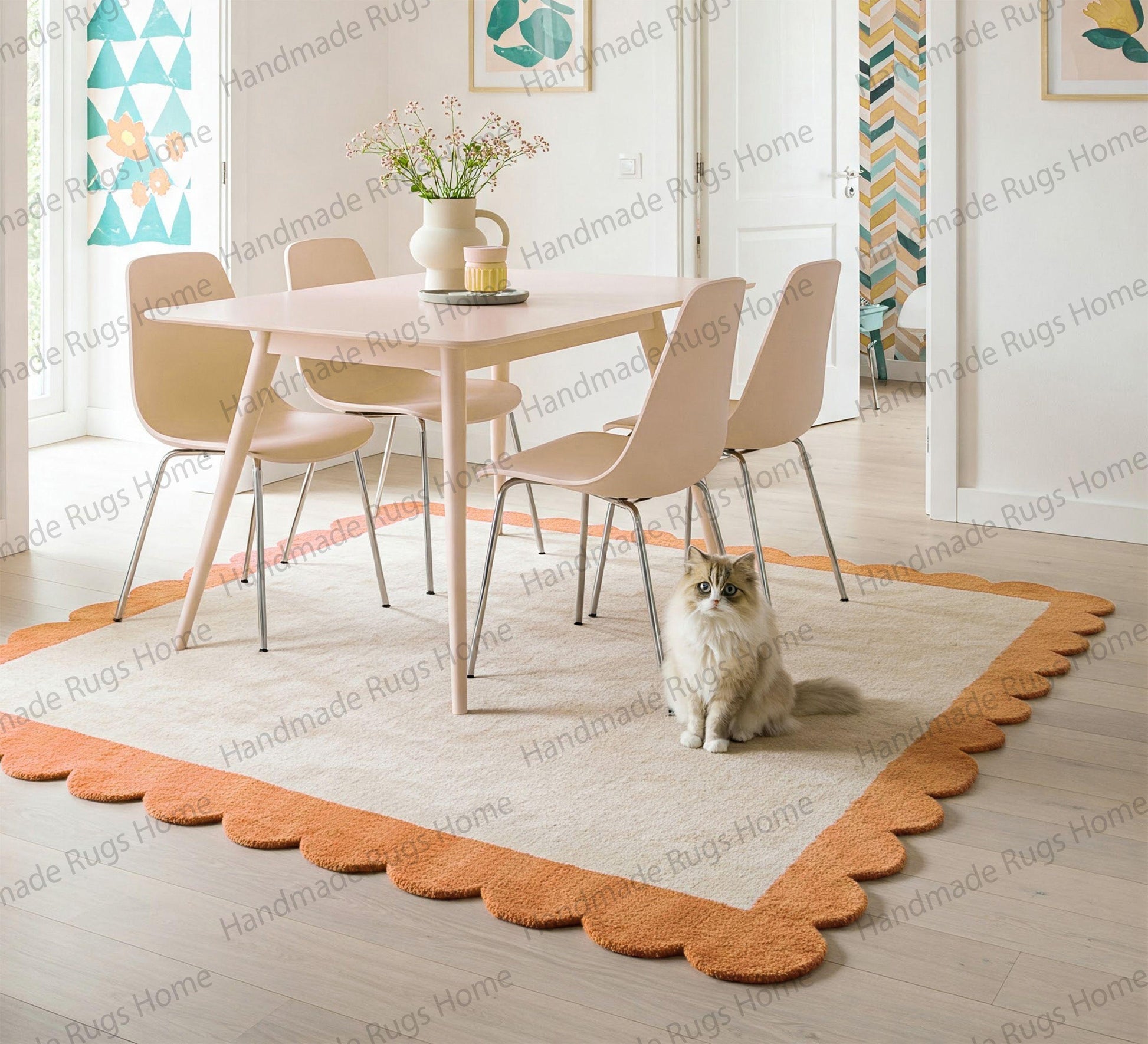 Aqua-trimmed wool rug in a modern dining space