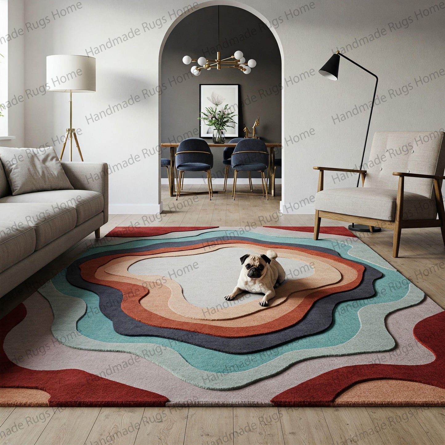 Hand-tufted wool rug with multicolored 3D effect in a modern living room