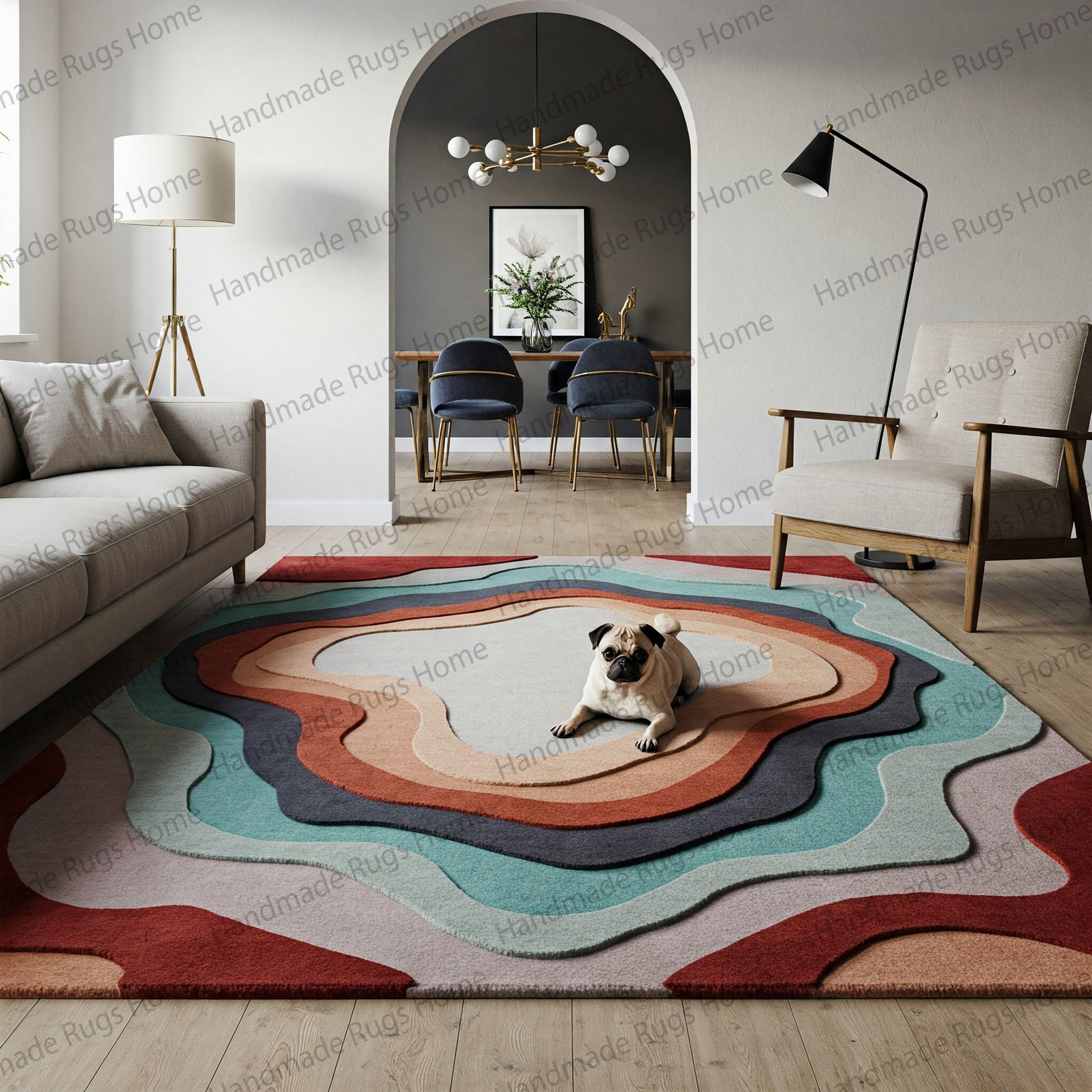 Hand-tufted wool rug with multicolored 3D effect in a modern living room