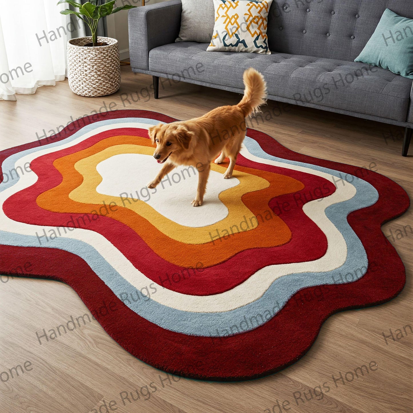 Luxury handcrafted wool rug with organic shapes