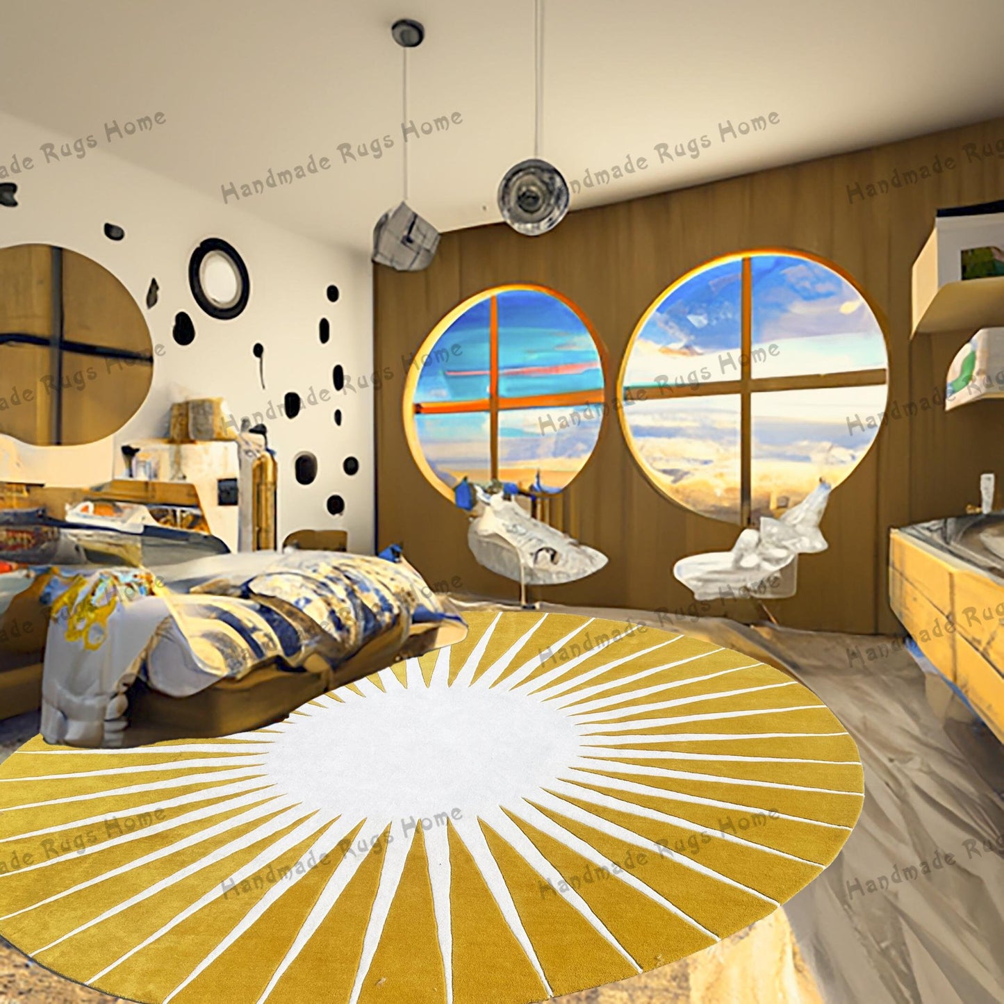 Hand-tufted round sunburst rug in gold and white for modern home decor.