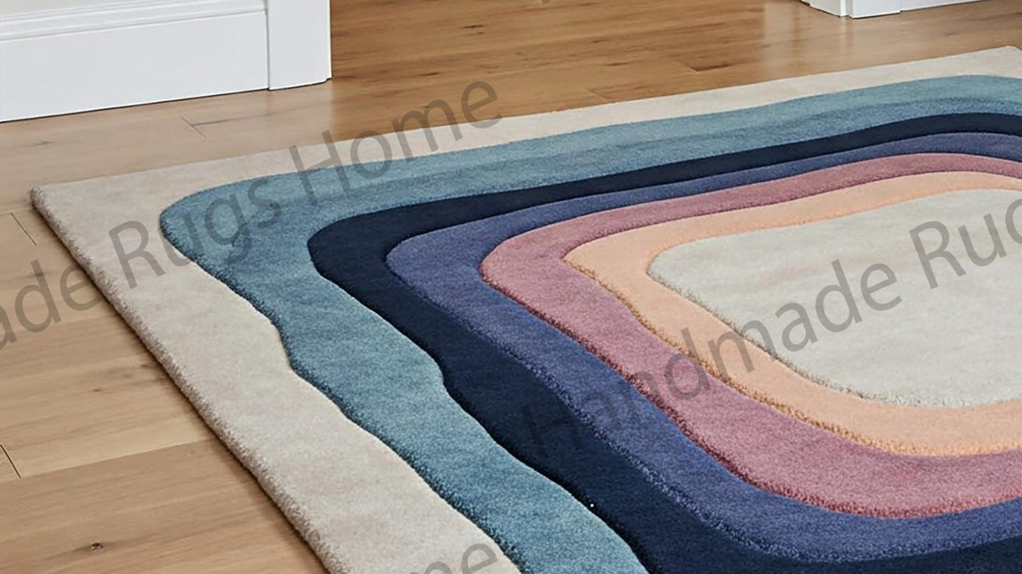 Cozy hand-tufted wool rug placed in a modern living room with a cat resting on it.