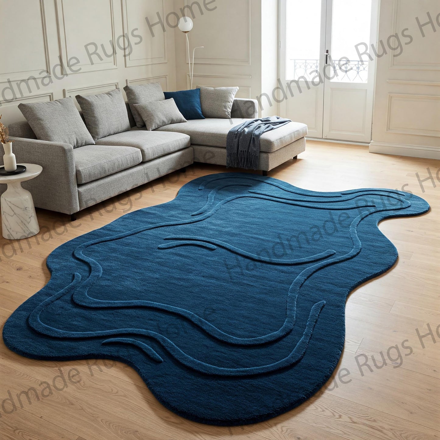 Luxury Wavy Green Rug - Organic Shaped Handmade Floor Decor