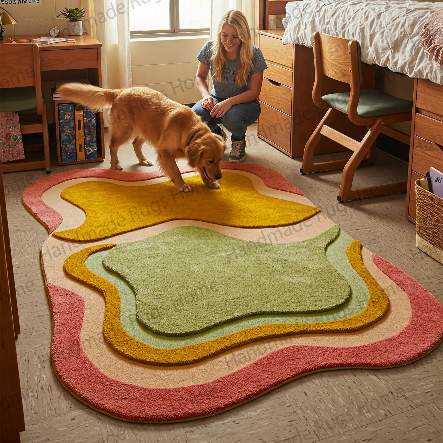 Handmade Wool Tufted Rug: Abstract Waves, Warm Tones
