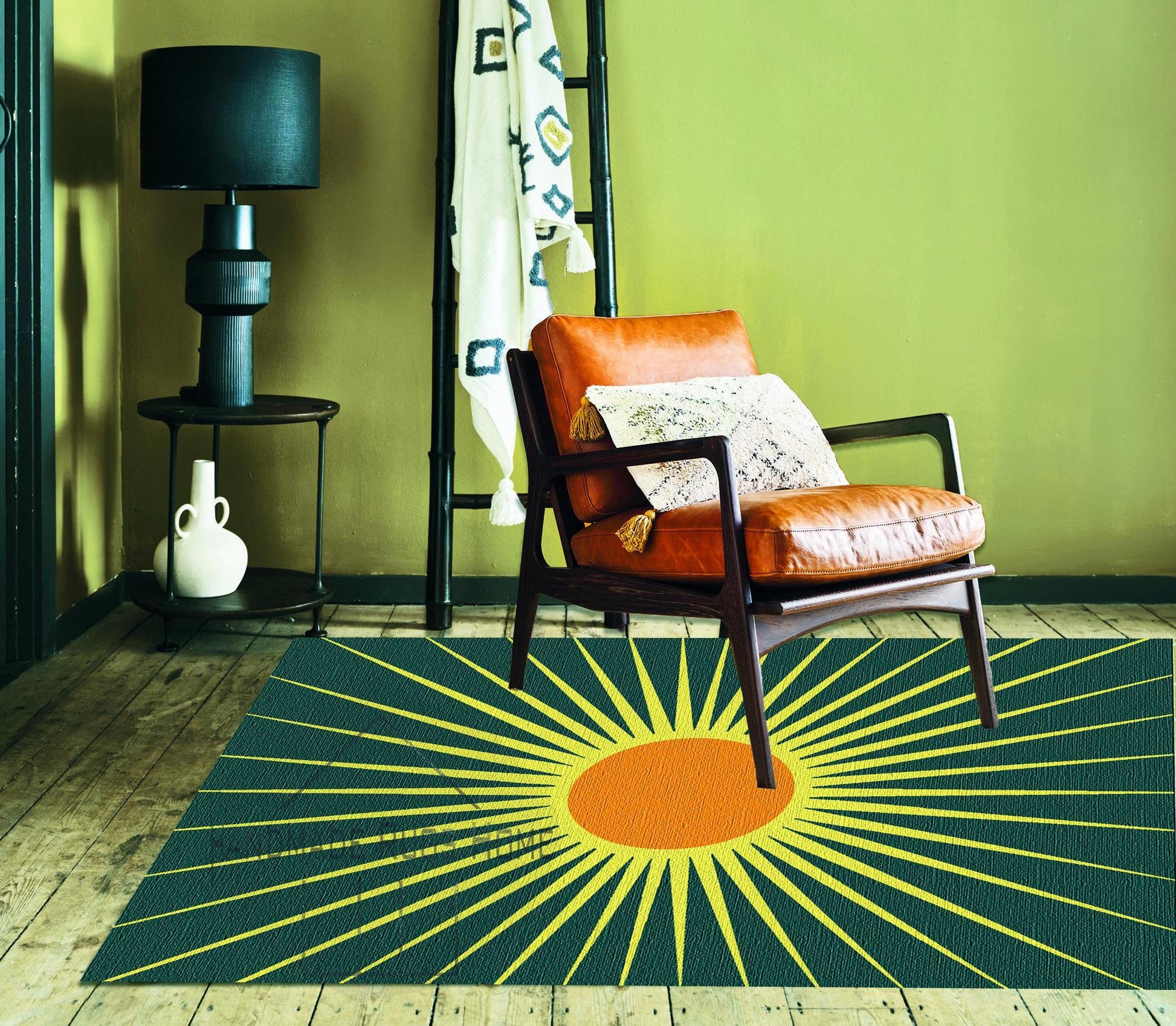 Handmade artisan rug with a bold sun motif, perfect for unique interiors.