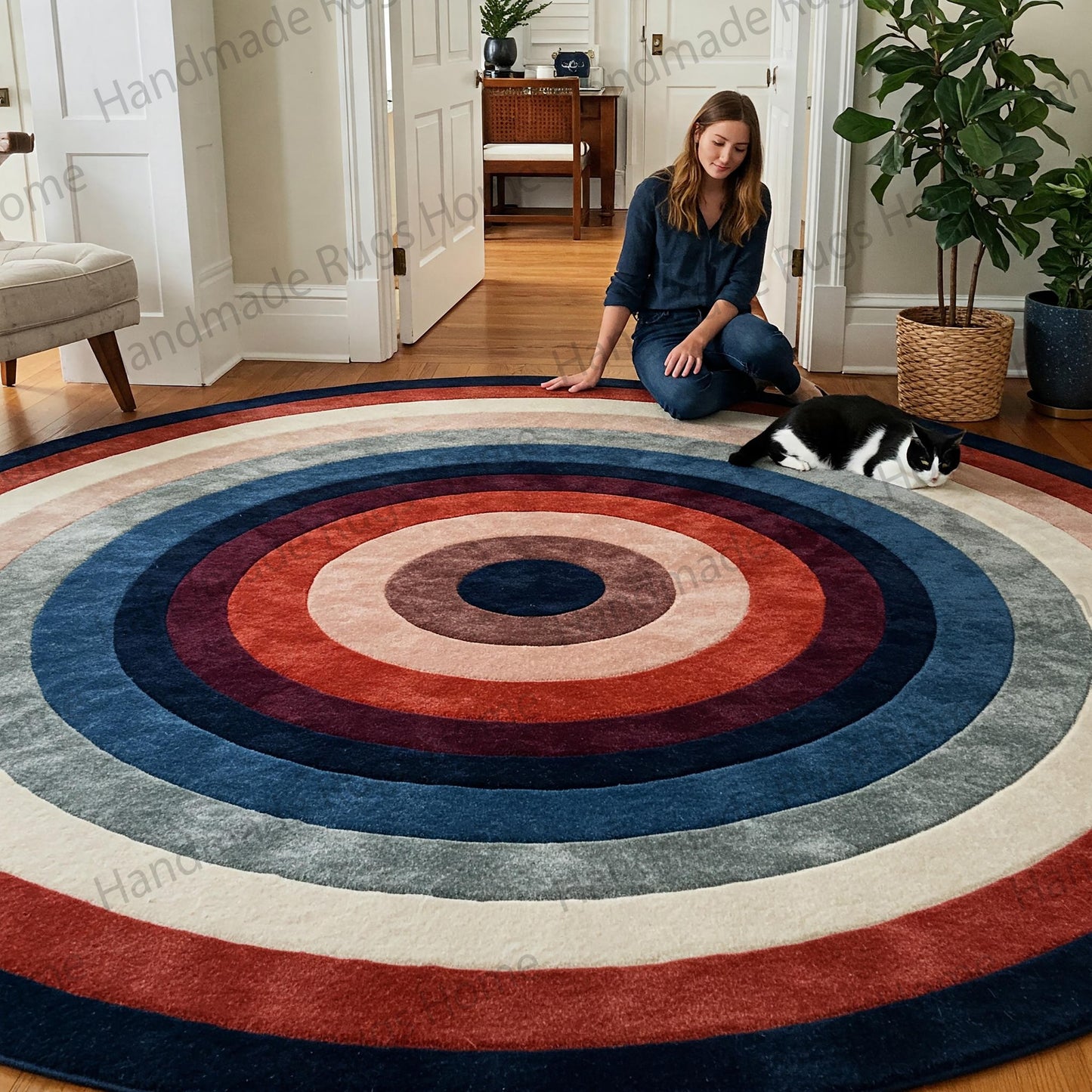 Hand-tufted round rug with concentric circle pattern in a modern home