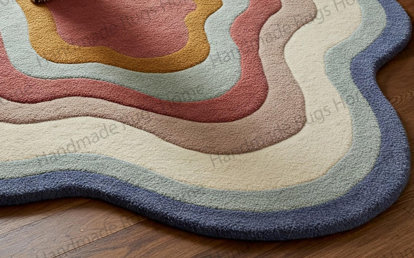 Plush irregular shape rug with multicolor layers in a cozy living room