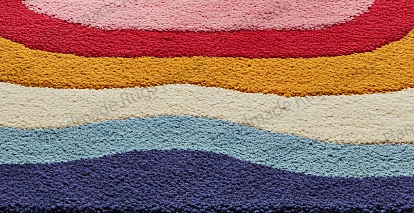 Handmade multicolor wavy rug with a modern boho design, featuring soft pastel and bold hues, perfect for stylish home decor.