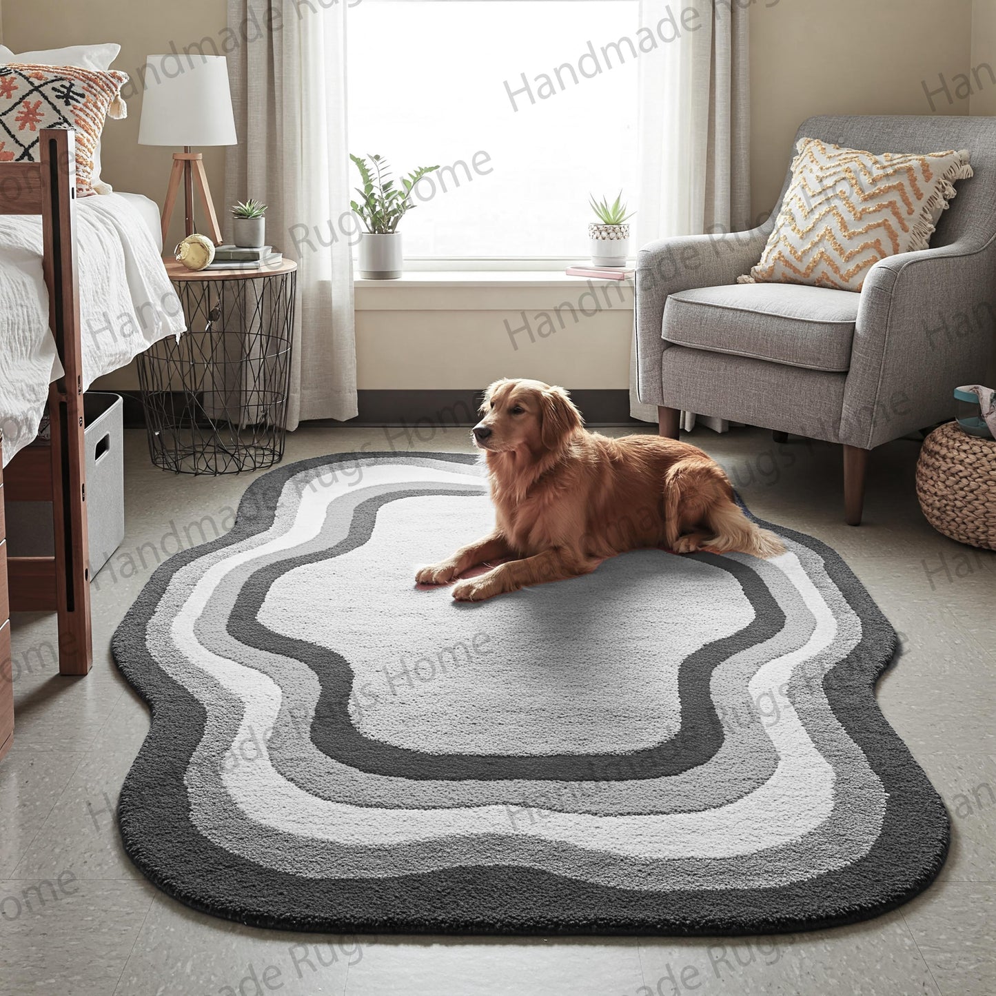 Aesthetic wavy area rug in vibrant colors, adding warmth and personality to a cozy, modern bedroom setup.