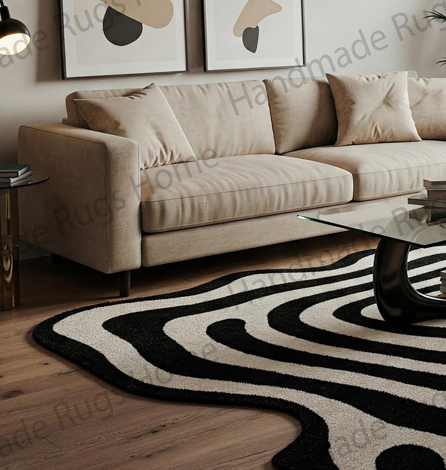 Abstract pattern tufted rug under a glass coffee table