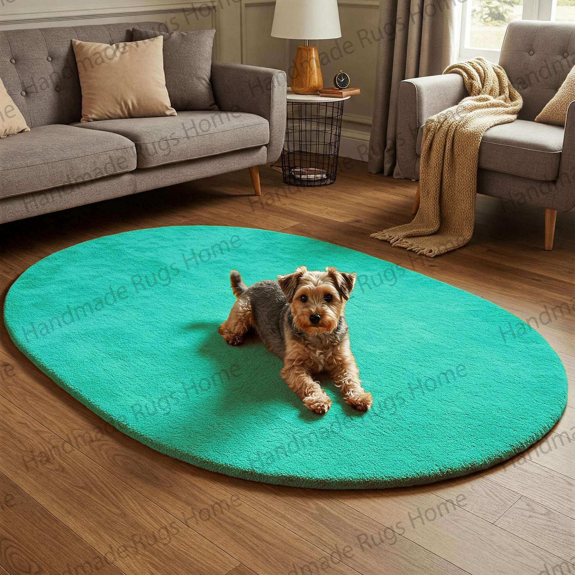 Handcrafted oval mustard rug, adding warmth and texture to any space.