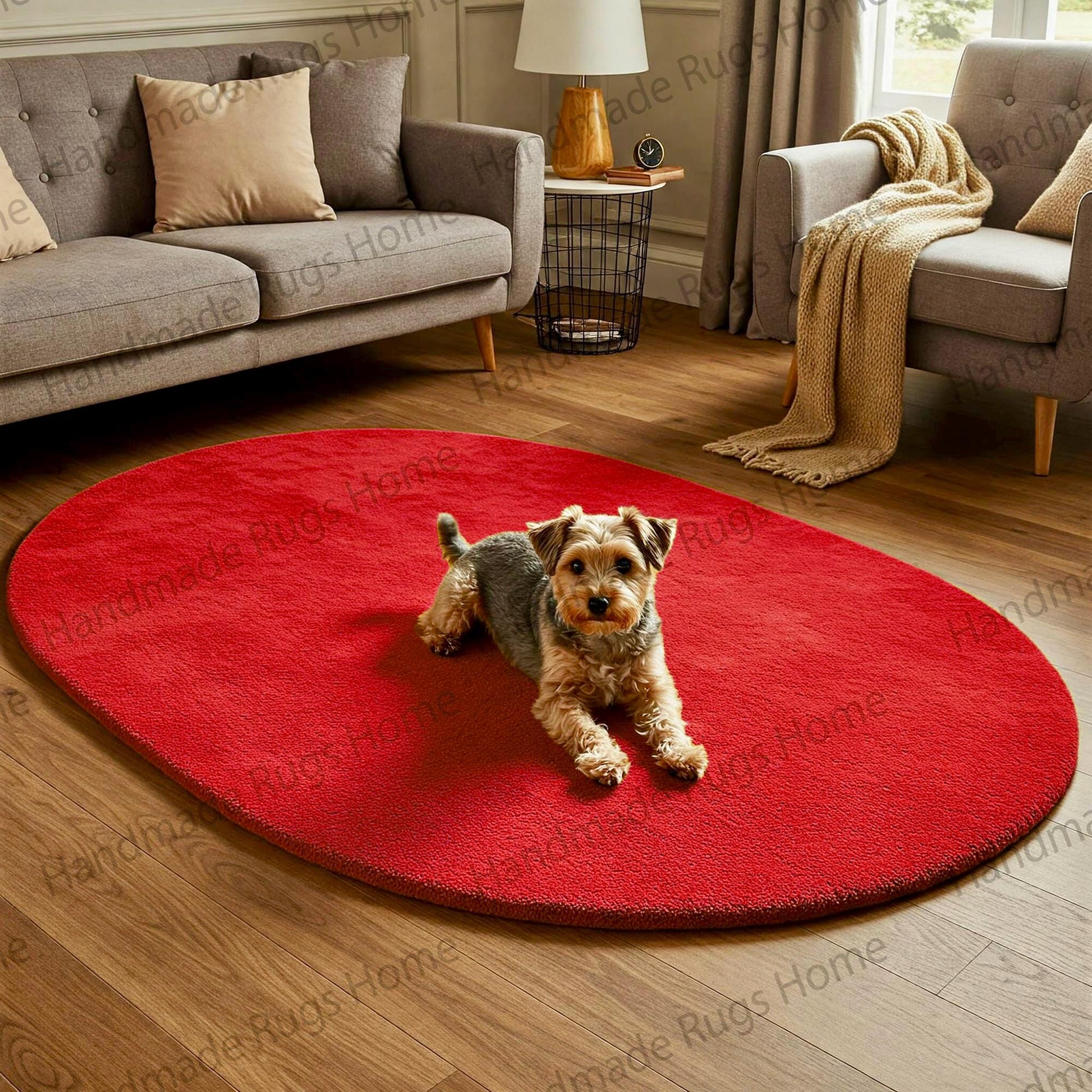 Soft and durable hand-tufted rug in an oval shape.