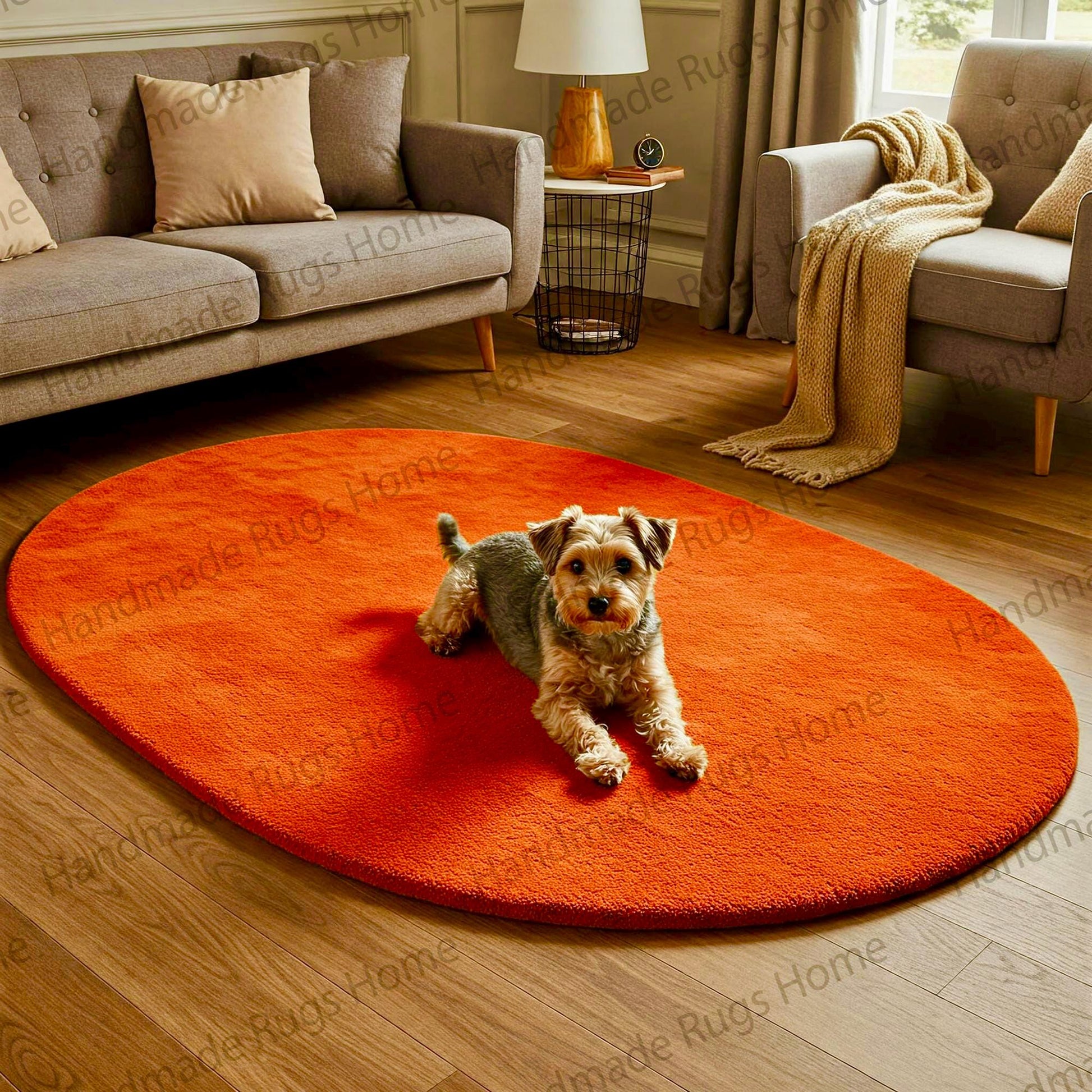 Elegant handmade rug in a rich golden shade, ideal for contemporary spaces.