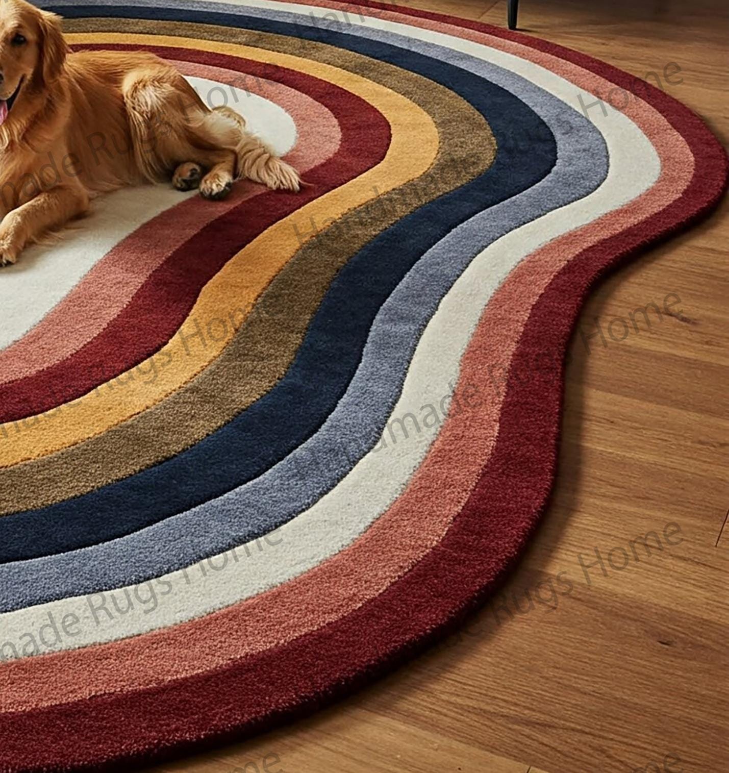 Hand-tufted wool rug with an abstract wave pattern in earthy colors
