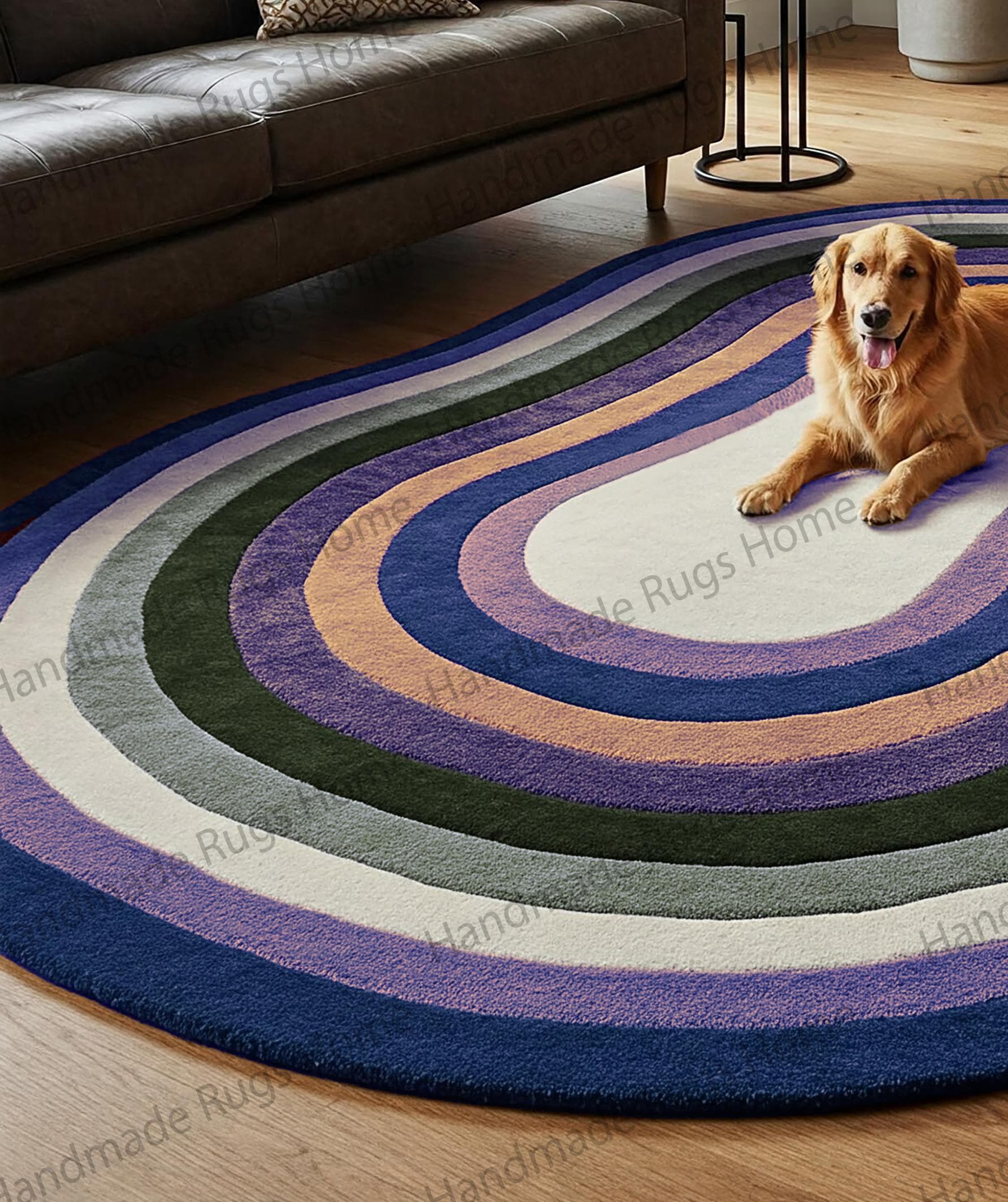 Multi-layered artistic rug with a colorful gradient wave pattern