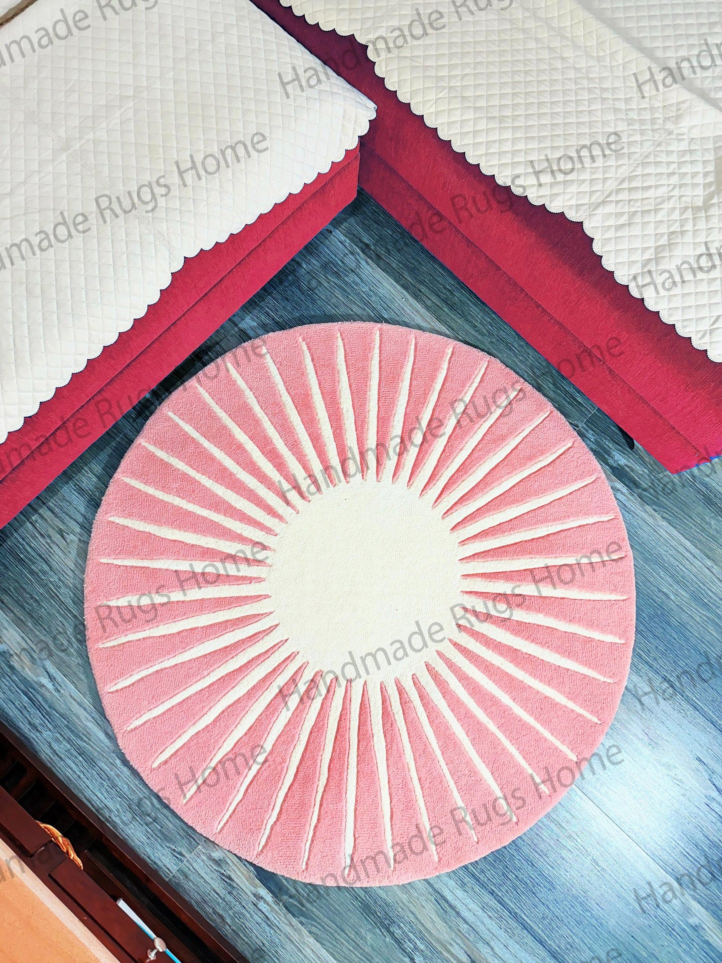 Luxury handcrafted round rug with a textured sunburst pattern, ideal for bohemian and eclectic interiors.