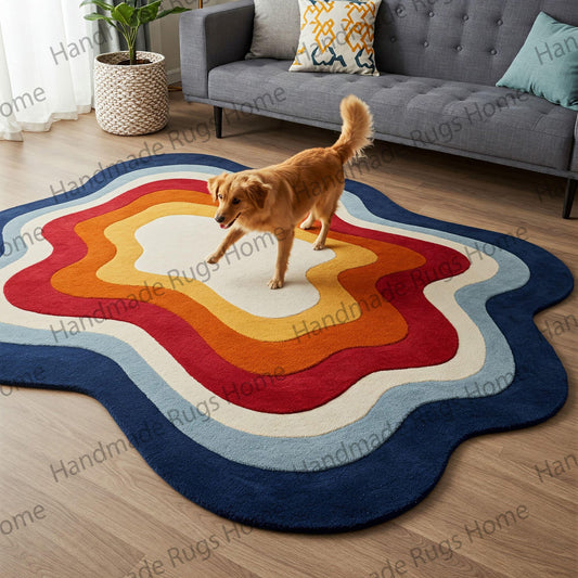 Colorful layered wool area rug for modern home decor