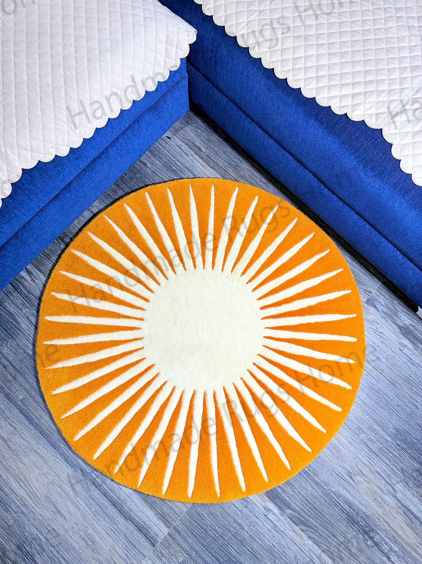 Handcrafted circular rug with a contemporary sun-themed design, blending seamlessly with the surrounding decor.