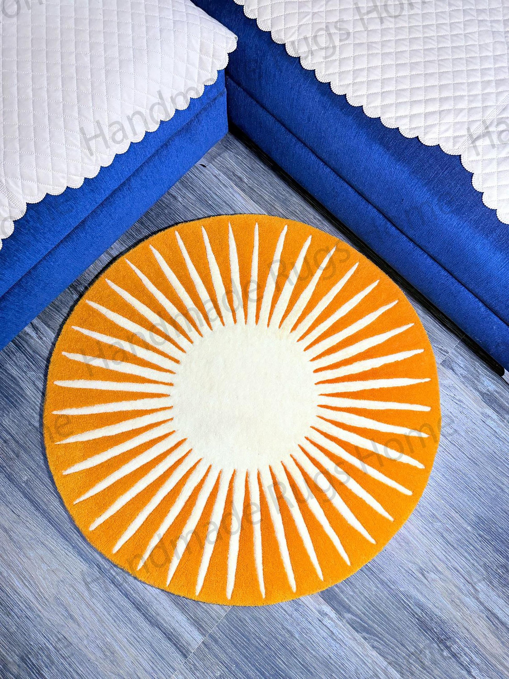 Handcrafted circular rug with a contemporary sun-themed design, blending seamlessly with the surrounding decor.