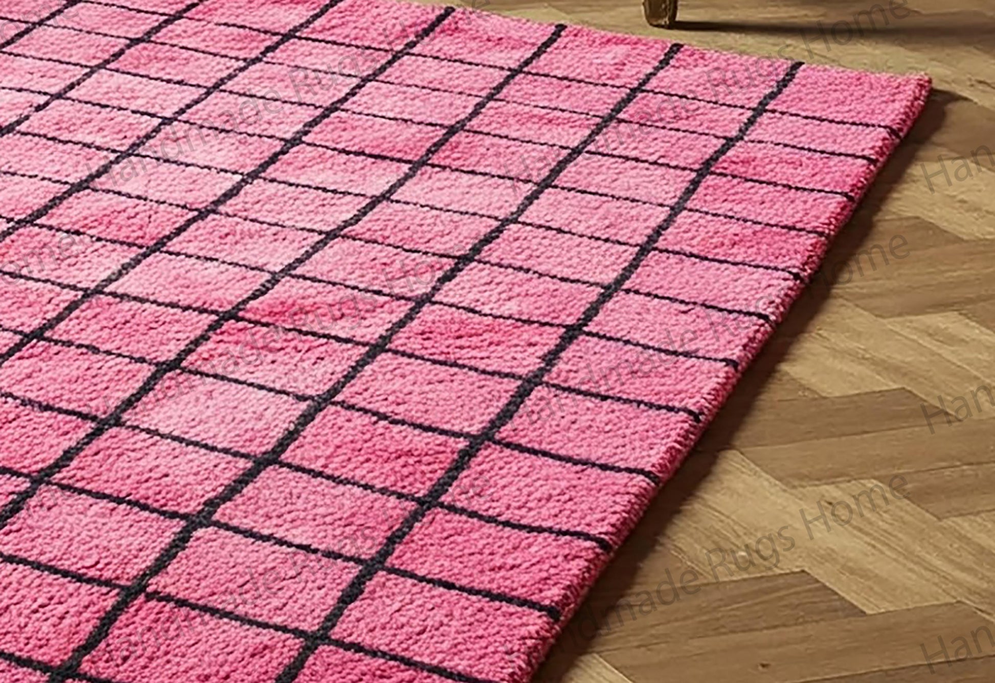 Modern pink rug with a black-lined geometric pattern