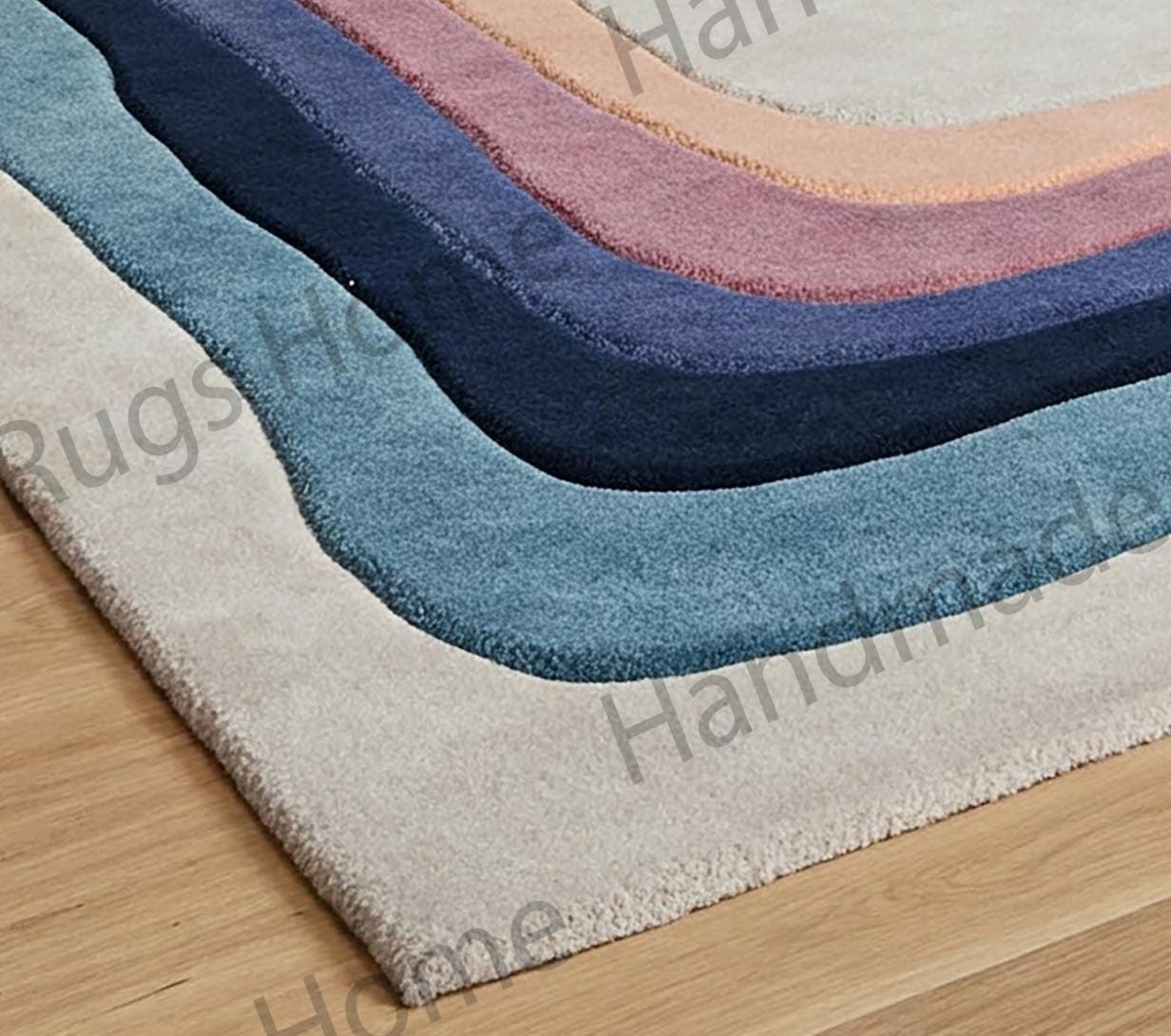 Luxurious handmade wool rug with layered abstract patterns for stylish home décor.