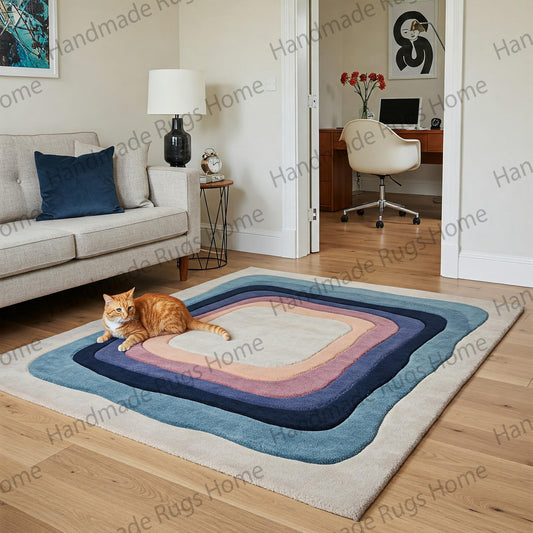 Hand-tufted wool rug with a modern geometric design in shades of blue, beige, ivory, peach, and navy, placed in a cozy living room with a cat lounging on top. Features soft texture and a contemporary layered pattern, perfect for elegant home décor.