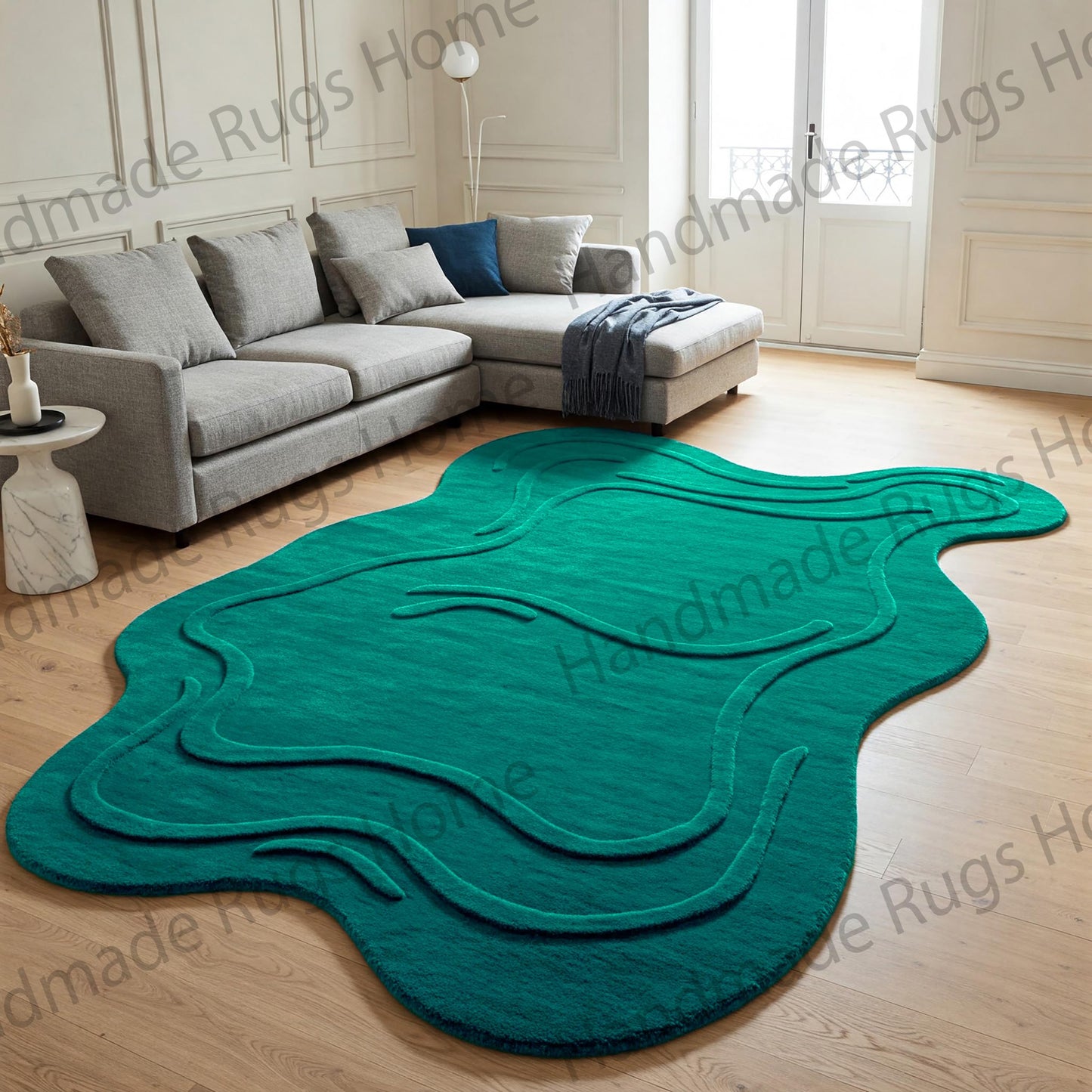 Abstract Green Handmade Rug - Modern Irregular Area Carpet for Living Room