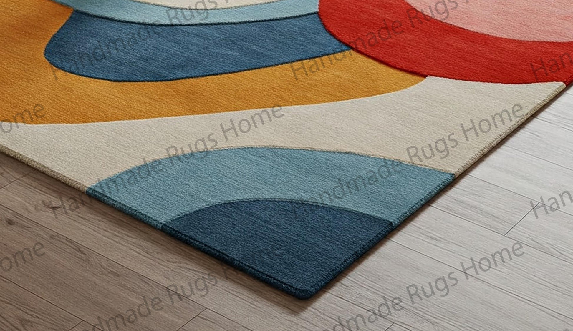 A vibrant hand-tufted carpet with abstract shapes and bold colors.