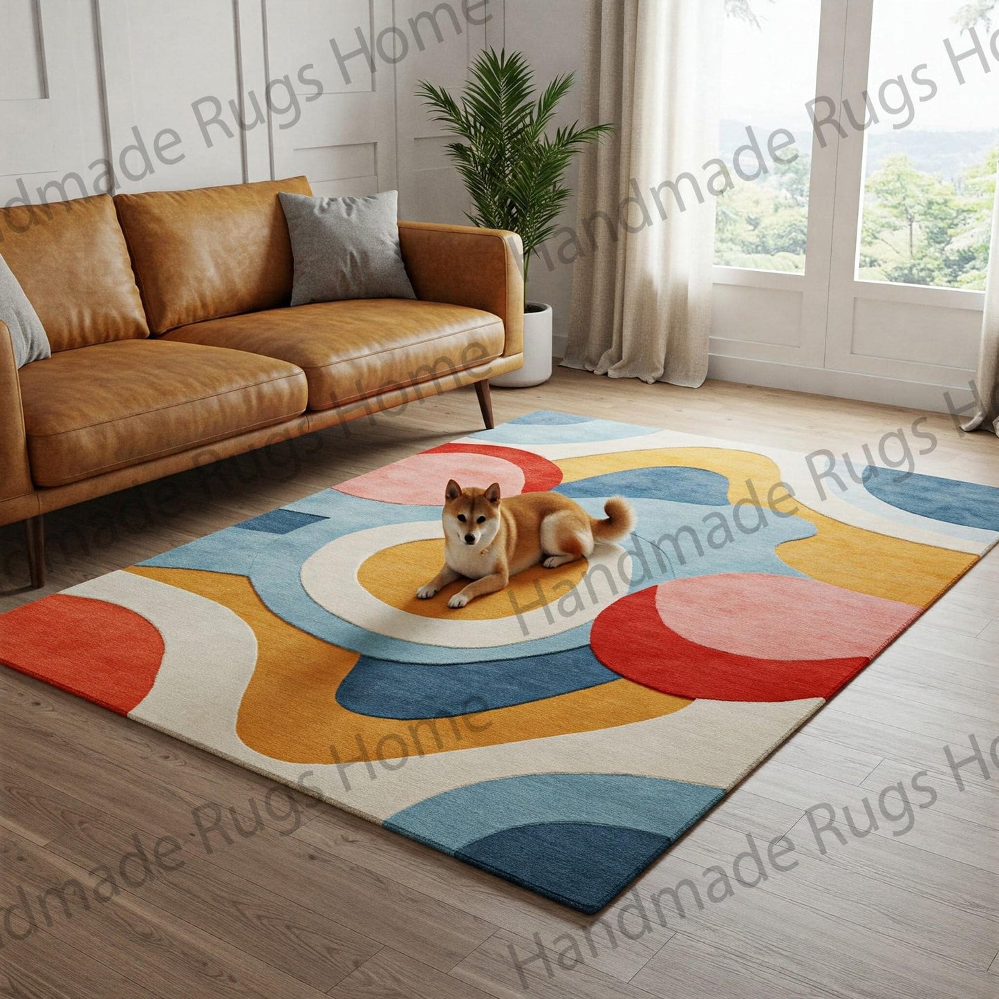 A Shiba Inu dog lying on a colorful hand-tufted rug in a modern living room.