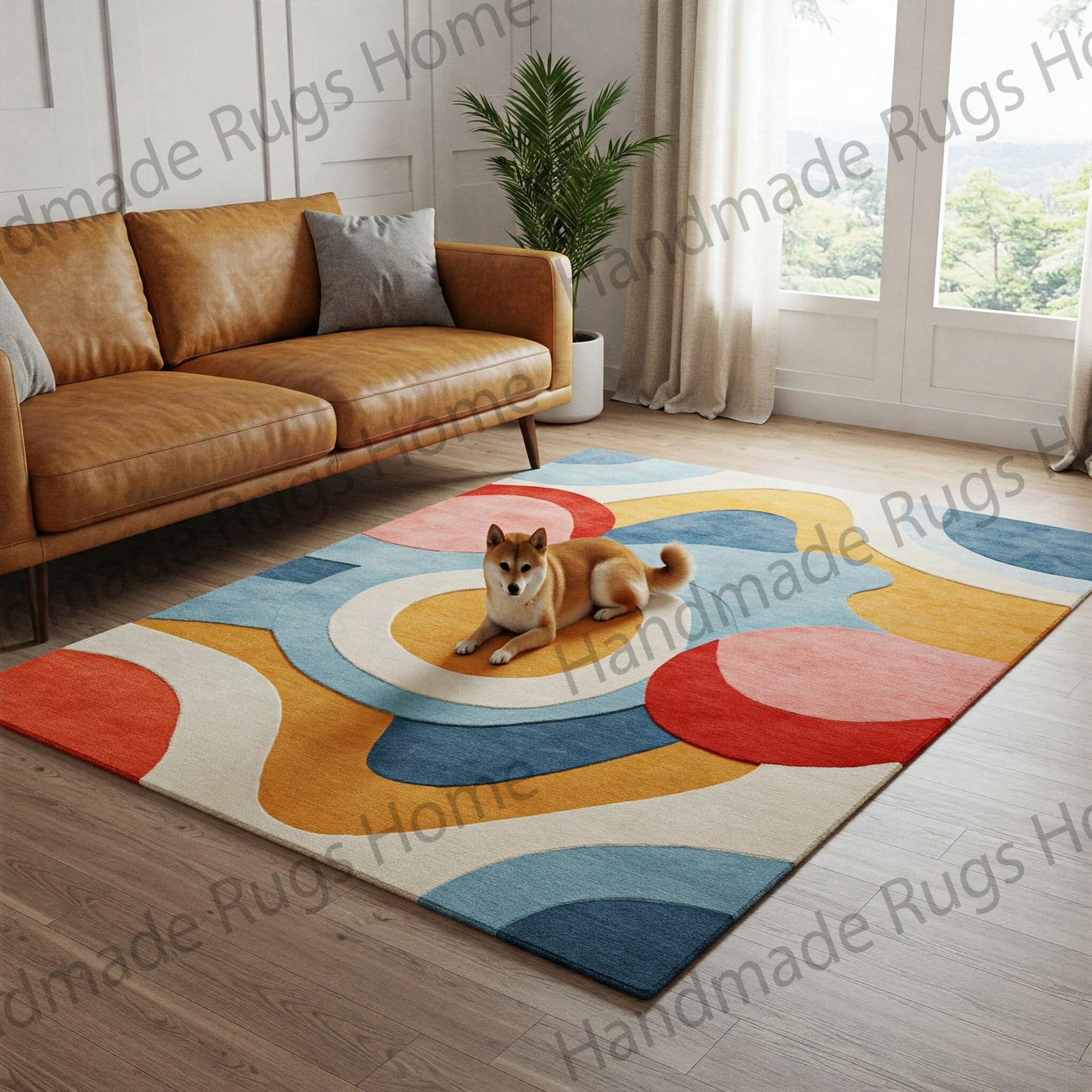 A Shiba Inu dog lying on a colorful hand-tufted rug in a modern living room.
