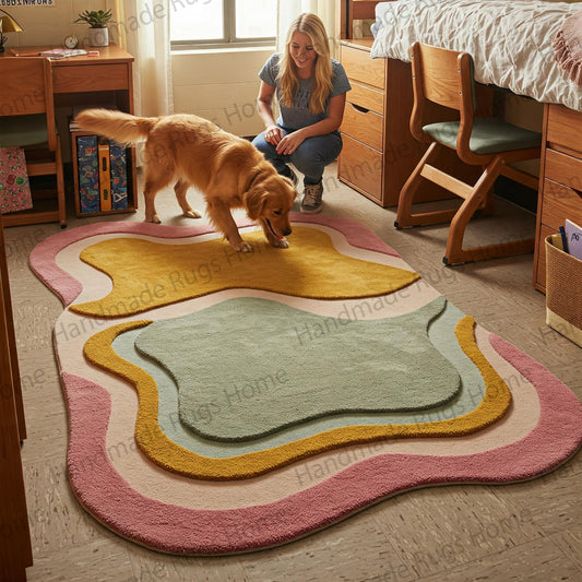 Handmade Wool Tufted Rug: Abstract Waves, Warm Tones