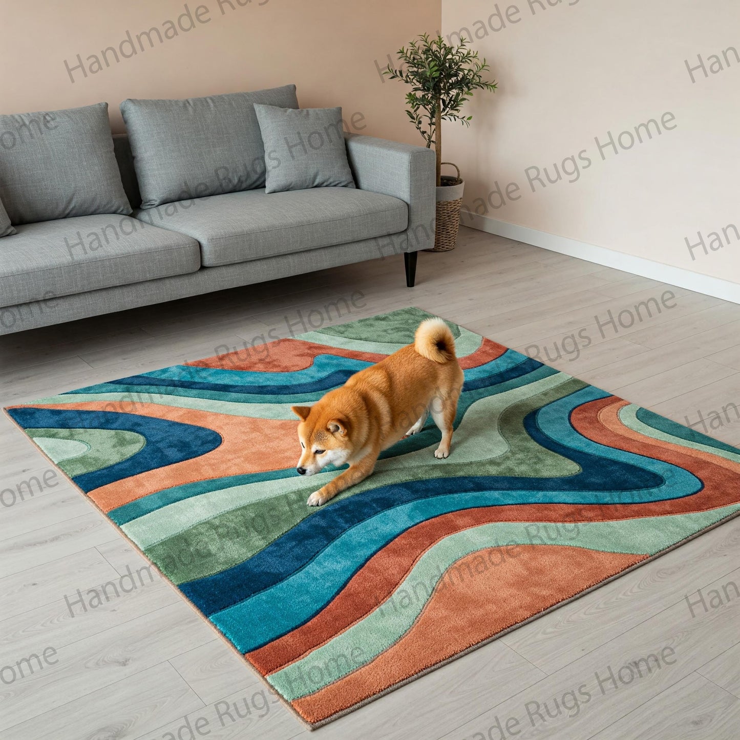 Earthy tone rug with abstract curves and wavy aesthetics