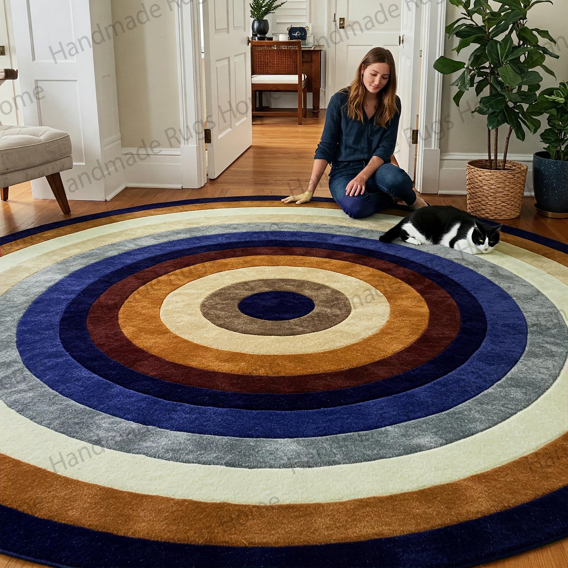 Luxury handmade round rug with bold geometric design