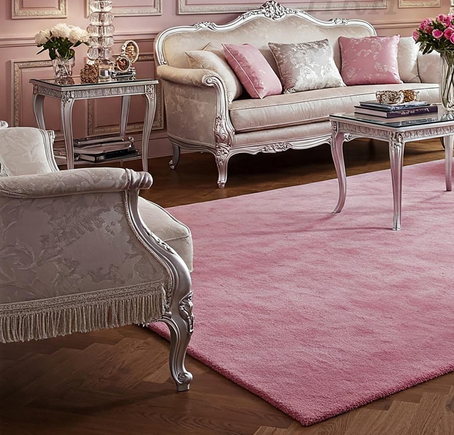 Soft pink rug with silver Victorian furniture