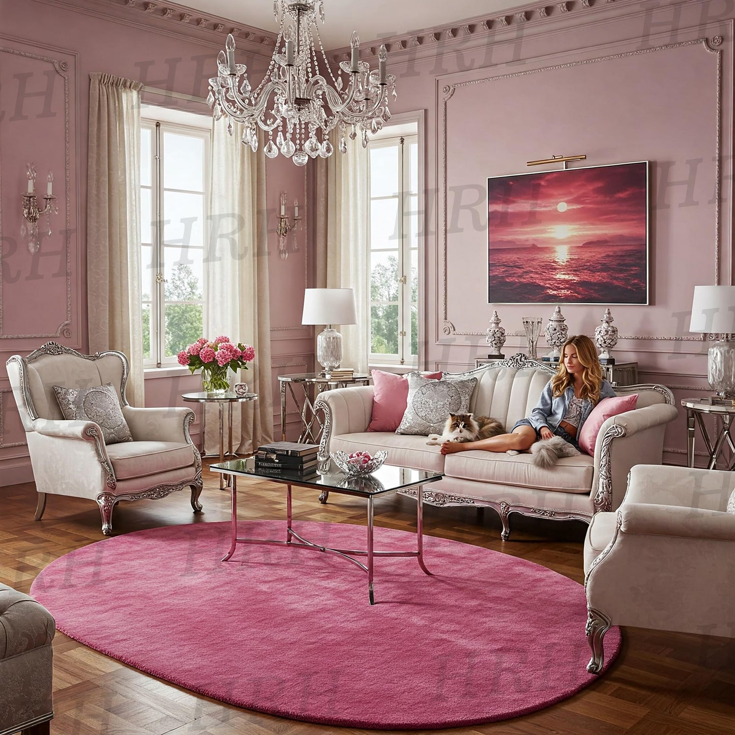 Oval blush wool rug in elegant French-style living room