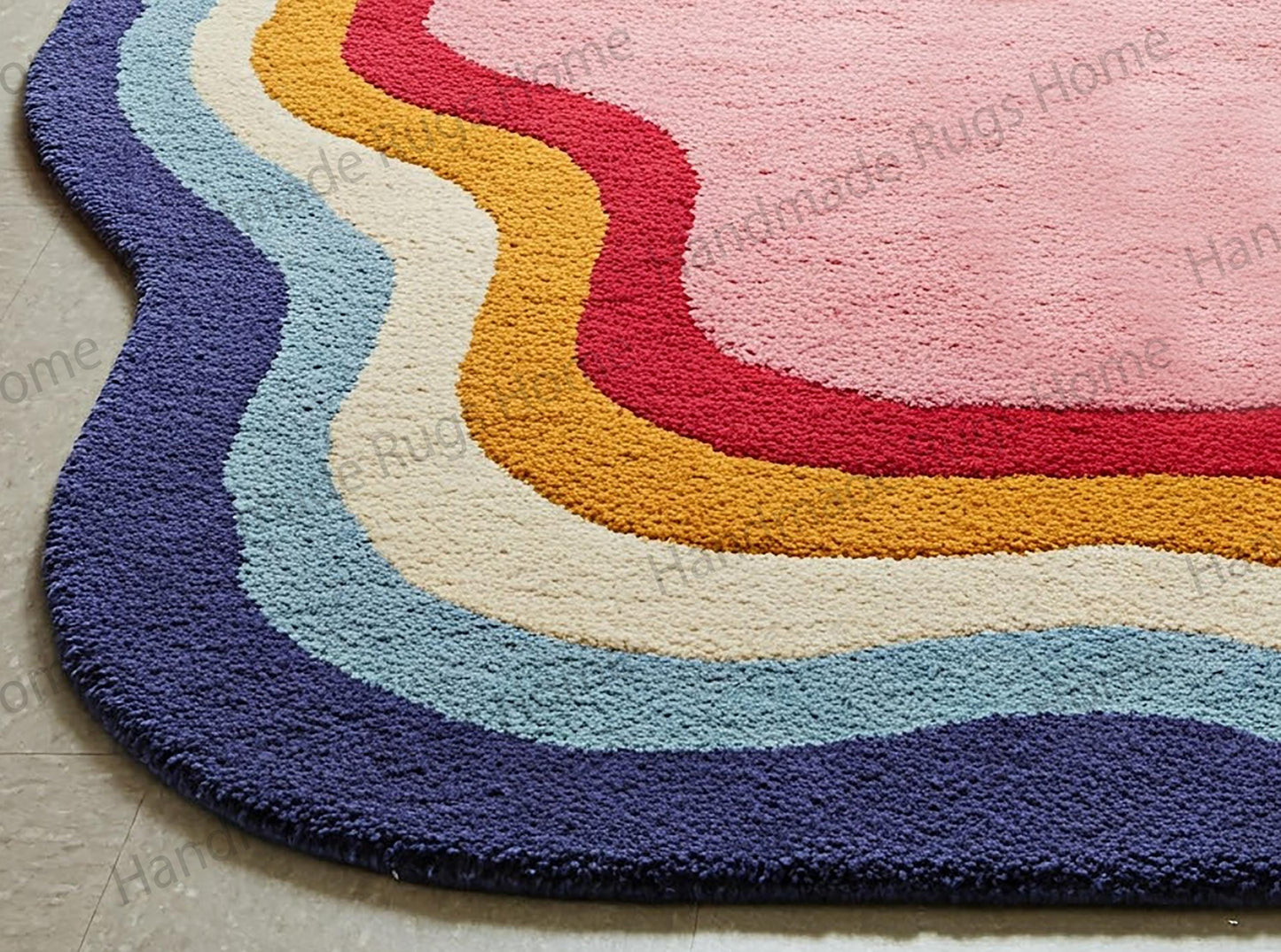 A colorful hand-tufted wavy rug with layered abstract patterns in blue, pink, yellow, and red, placed in a cozy bedroom with a golden retriever resting on it.