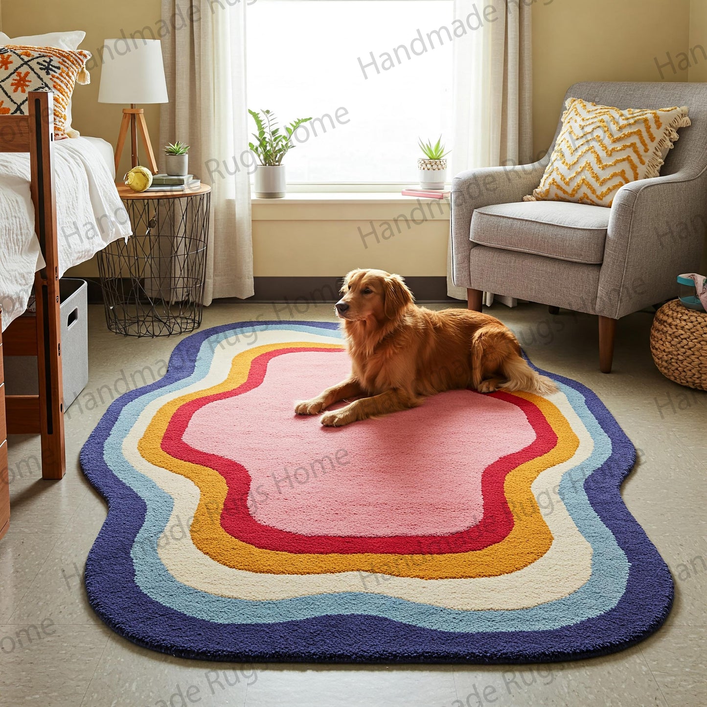 A vibrant, hand-tufted wavy rug with colorful layers in blue, yellow, red, and pink, placed in a cozy bedroom with a golden retriever lying on it. The rug adds warmth and personality to the space.