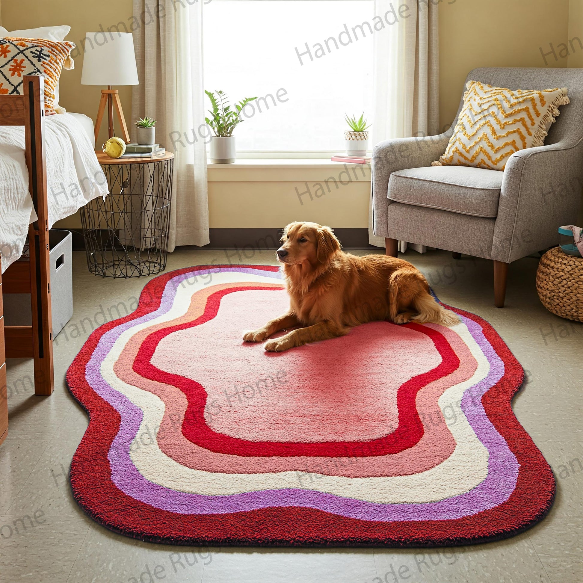 Hand-tufted abstract rug with organic wavy shapes in bold and pastel tones, placed in a contemporary living space.