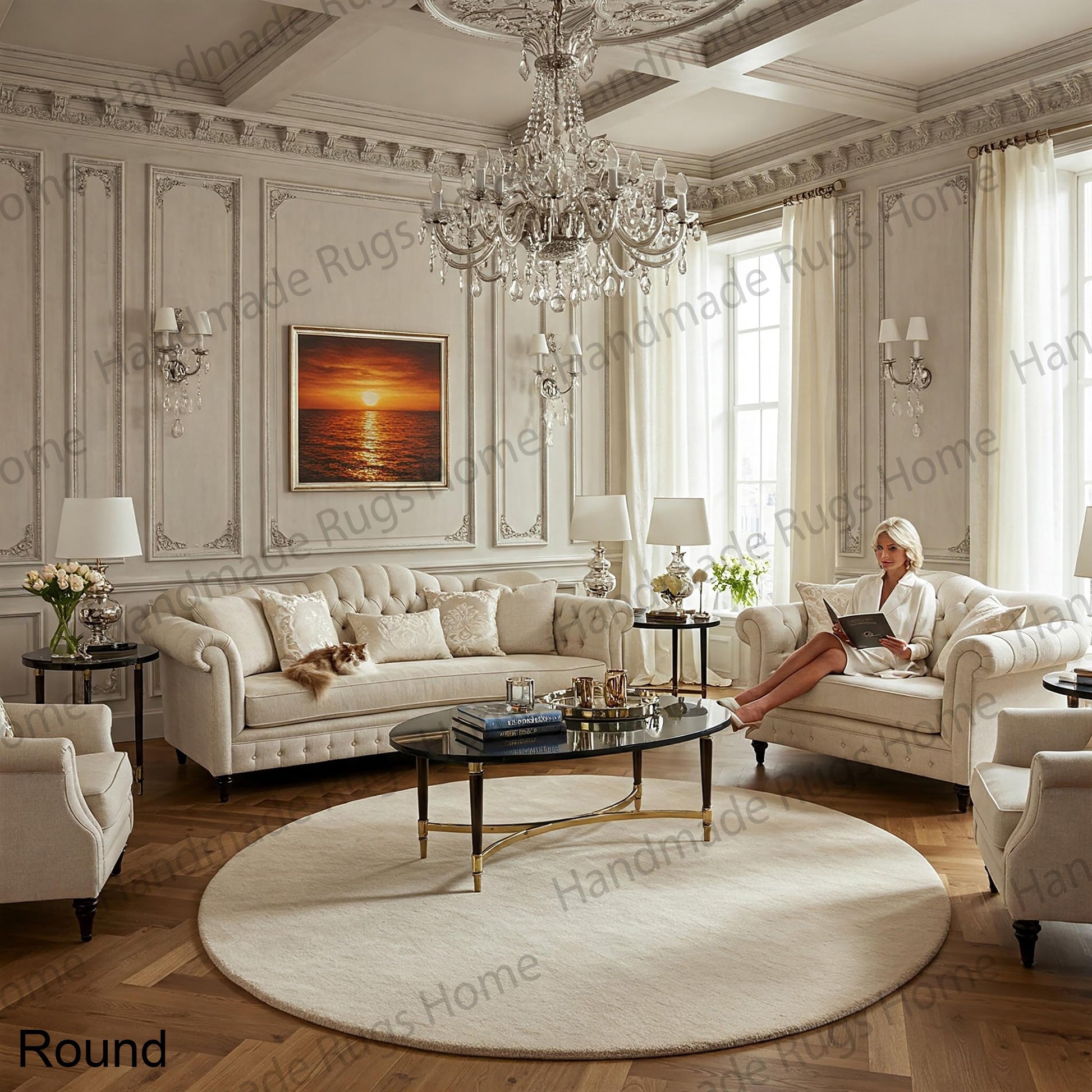 Luxury hand-tufted rug with chandelier overhead