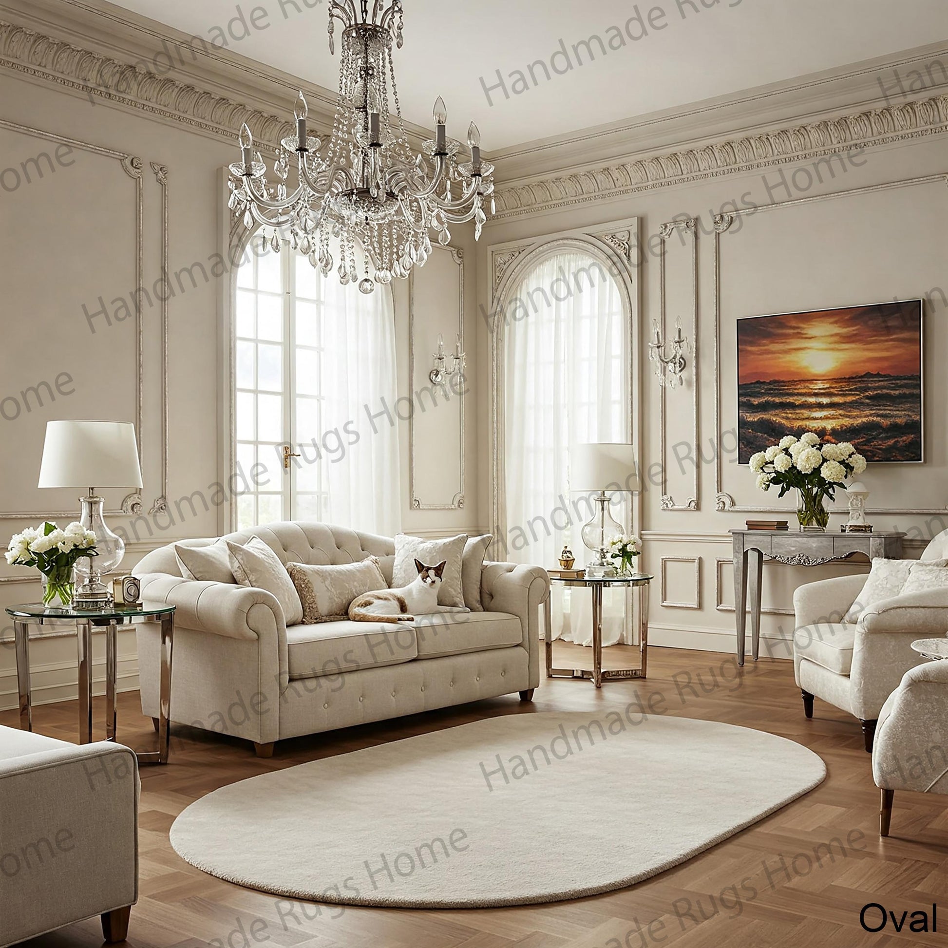 Hand-tufted ivory oval wool rug in elegant living room