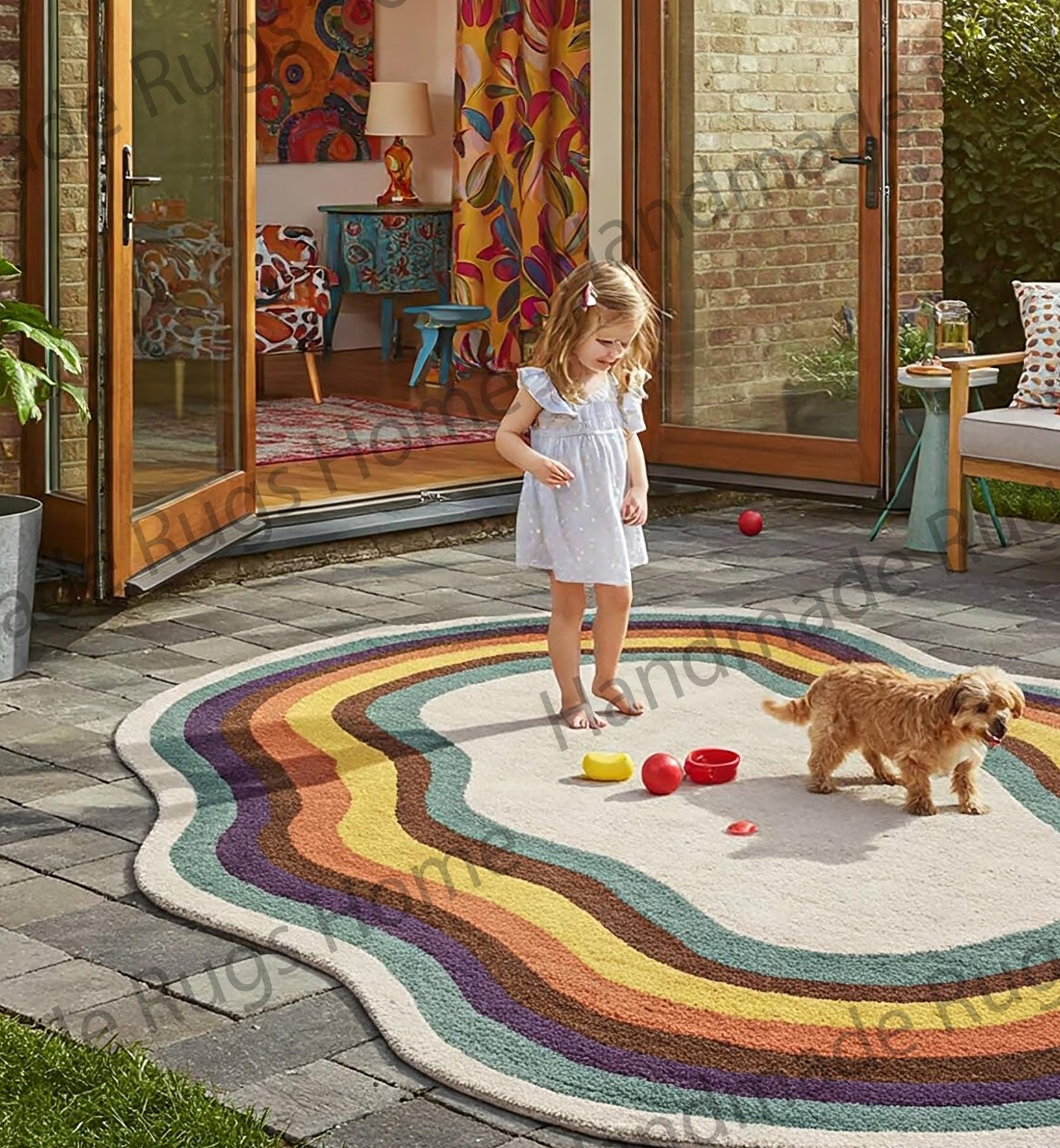 Modern artistic rug with multicolor stripes on a patio